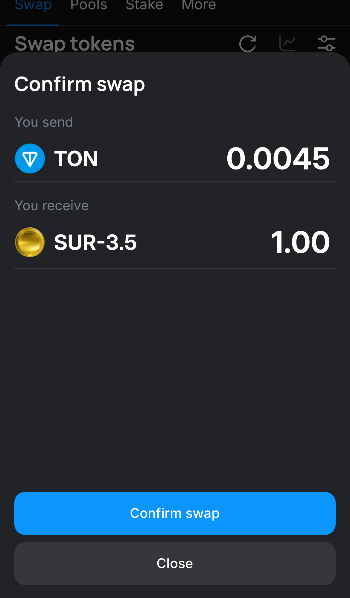 Haz clic en ‘Swap‘, revisa los detalles y confirma la transacción haciendo clic en el botón ‘Confirm swap‘.