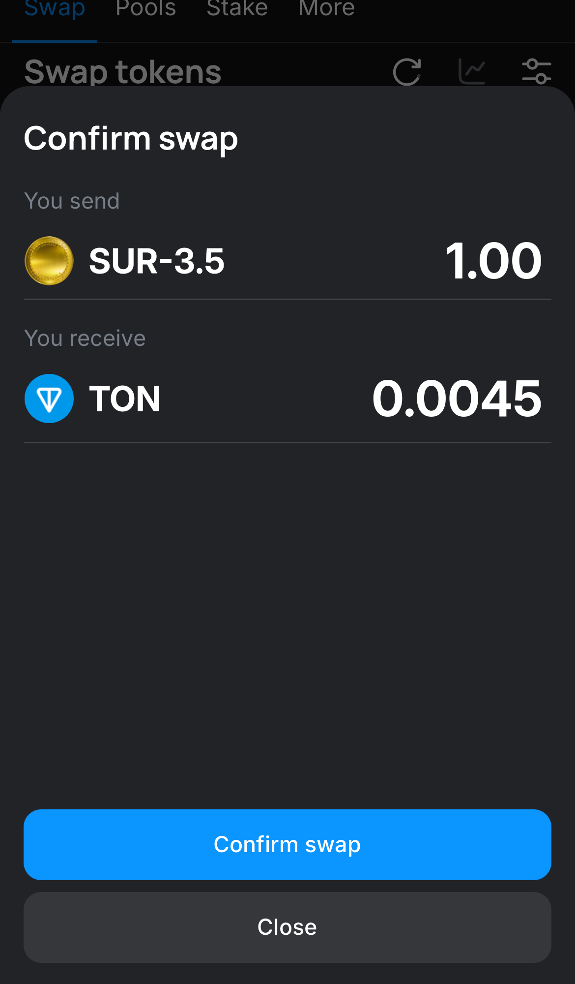 Haz clic en ‘Swap‘, revisa los detalles y confirma la transacción haciendo clic en el botón ‘Confirm swap‘.
