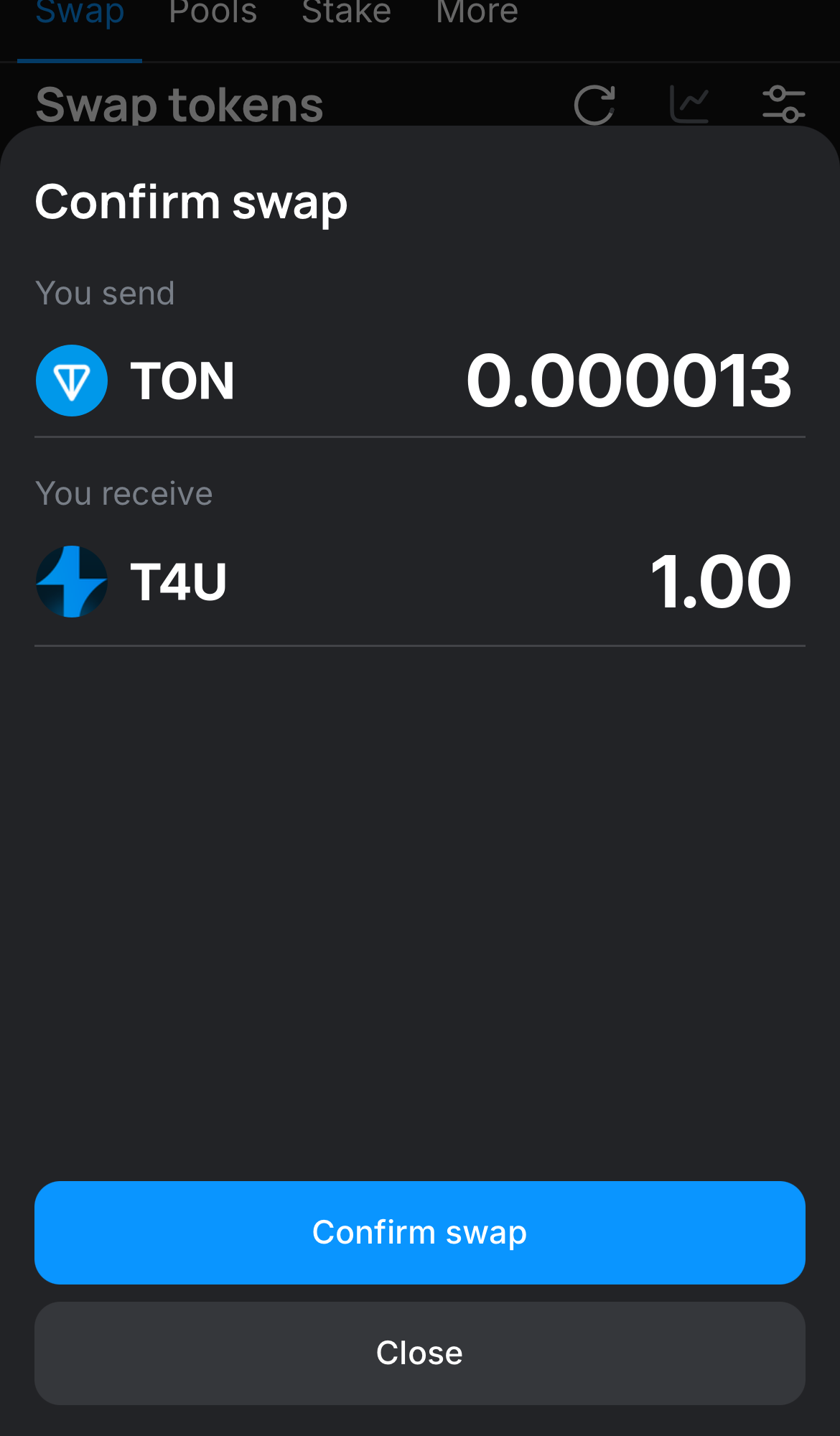 Click ‘Swap‘, double-check the details, and confirm the transaction by clicking the ‘Confirm swap‘ button.