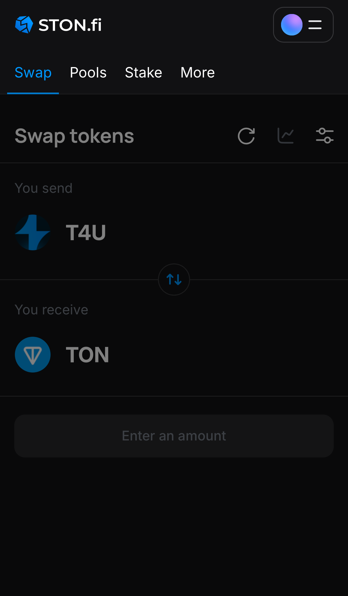 Open the STON.fi app and navigate to the ‘Swap‘ tab.