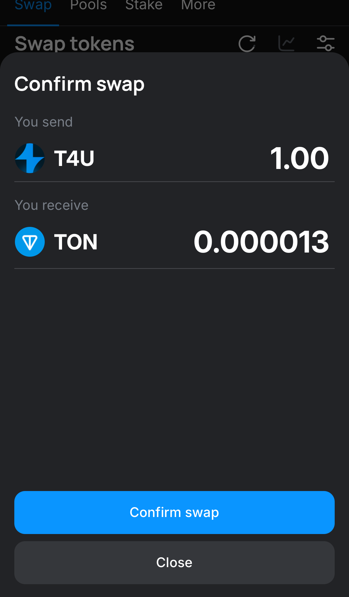 Click ‘Swap‘, double-check the details, and confirm the transaction by clicking the ‘Confirm swap‘ button.