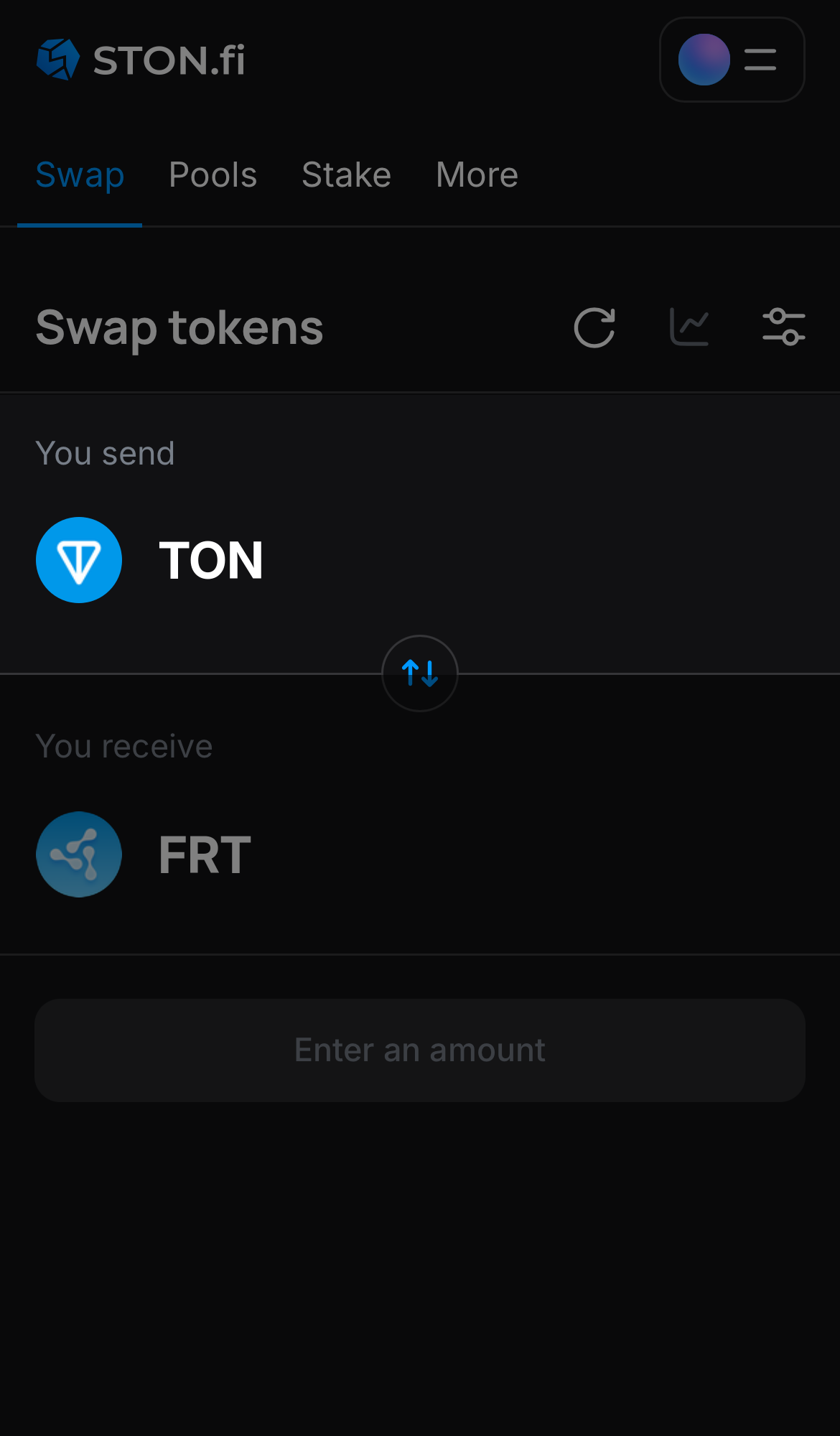 Выберите токен в поле «You send» — например, TON.