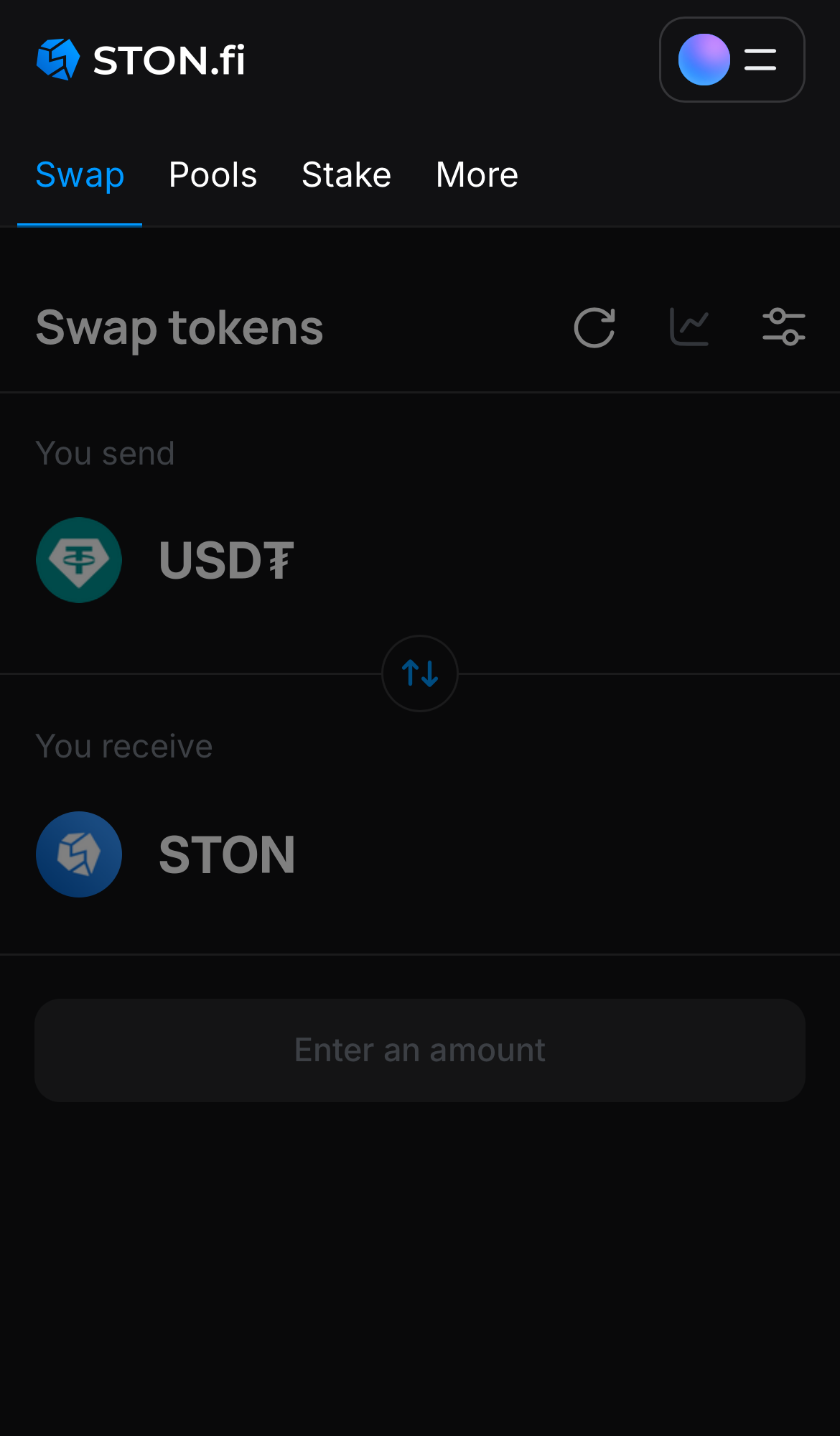 Open the STON.fi app and navigate to the ‘Swap‘ tab.