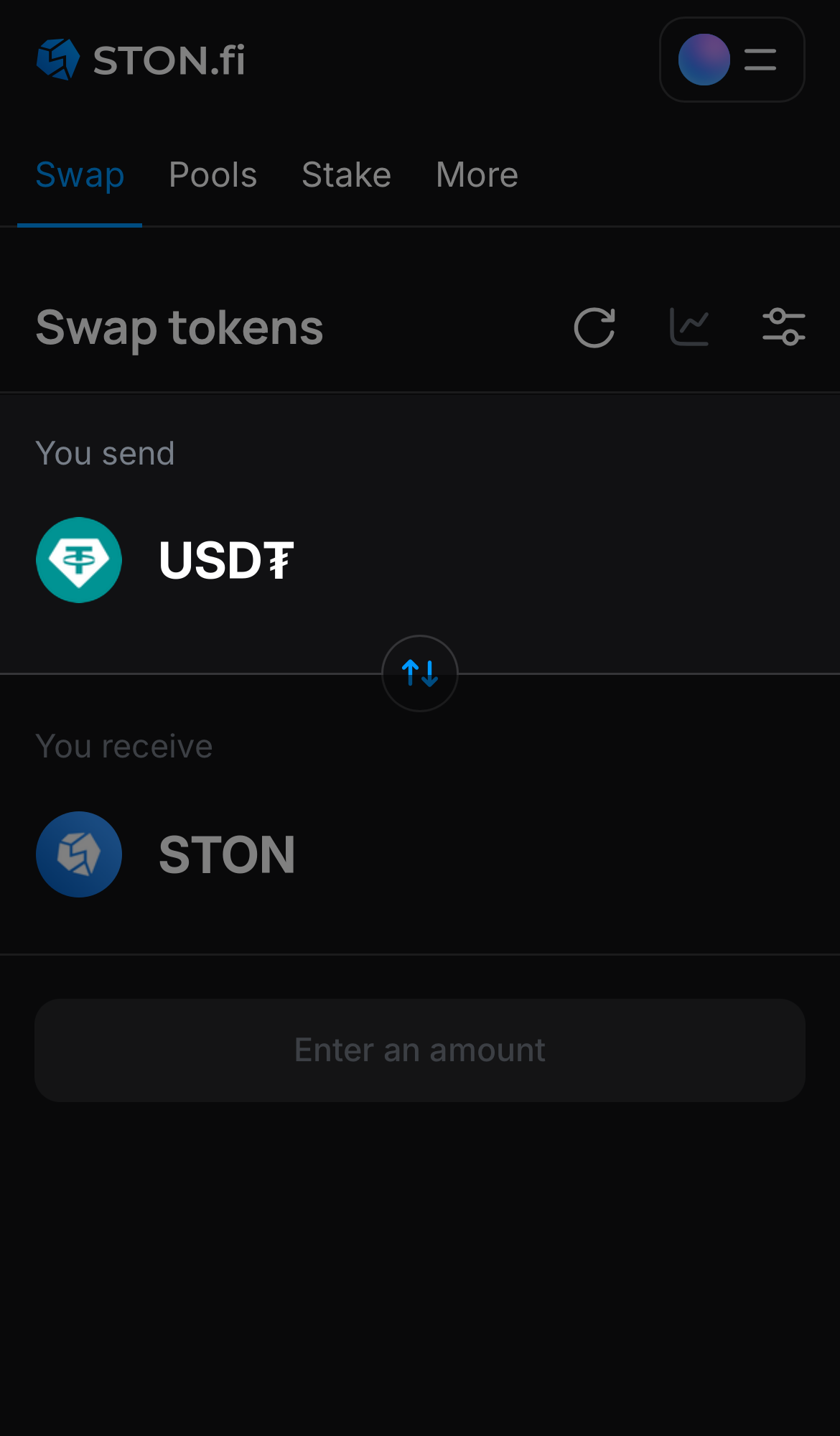 Choose a token in the ‘You send’ box — for example, USD₮.