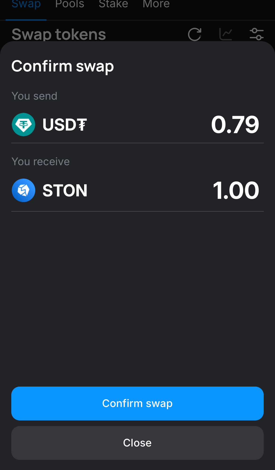 Click ‘Swap‘, double-check the details, and confirm the transaction by clicking the ‘Confirm swap‘ button.
