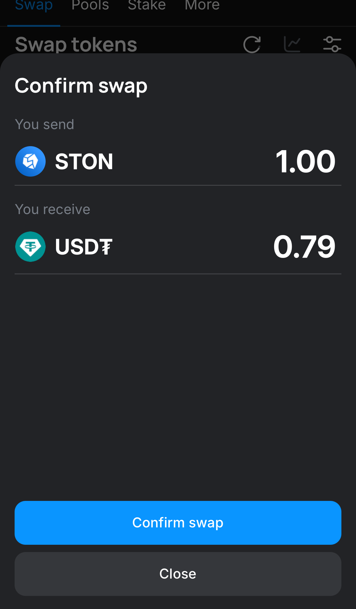 Click ‘Swap‘, double-check the details, and confirm the transaction by clicking the ‘Confirm swap‘ button.