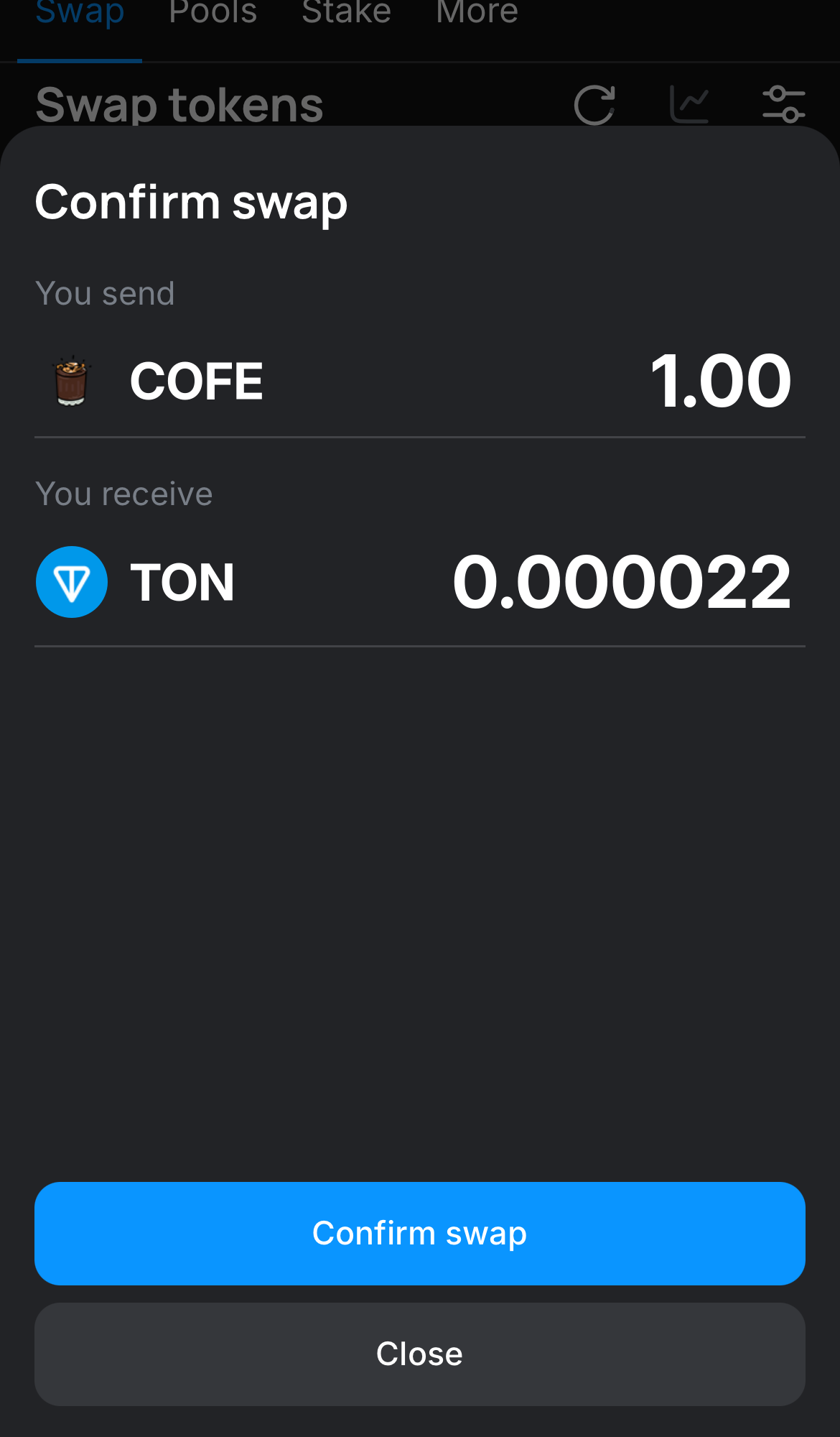 Haz clic en ‘Swap‘, revisa los detalles y confirma la transacción haciendo clic en el botón ‘Confirm swap‘.