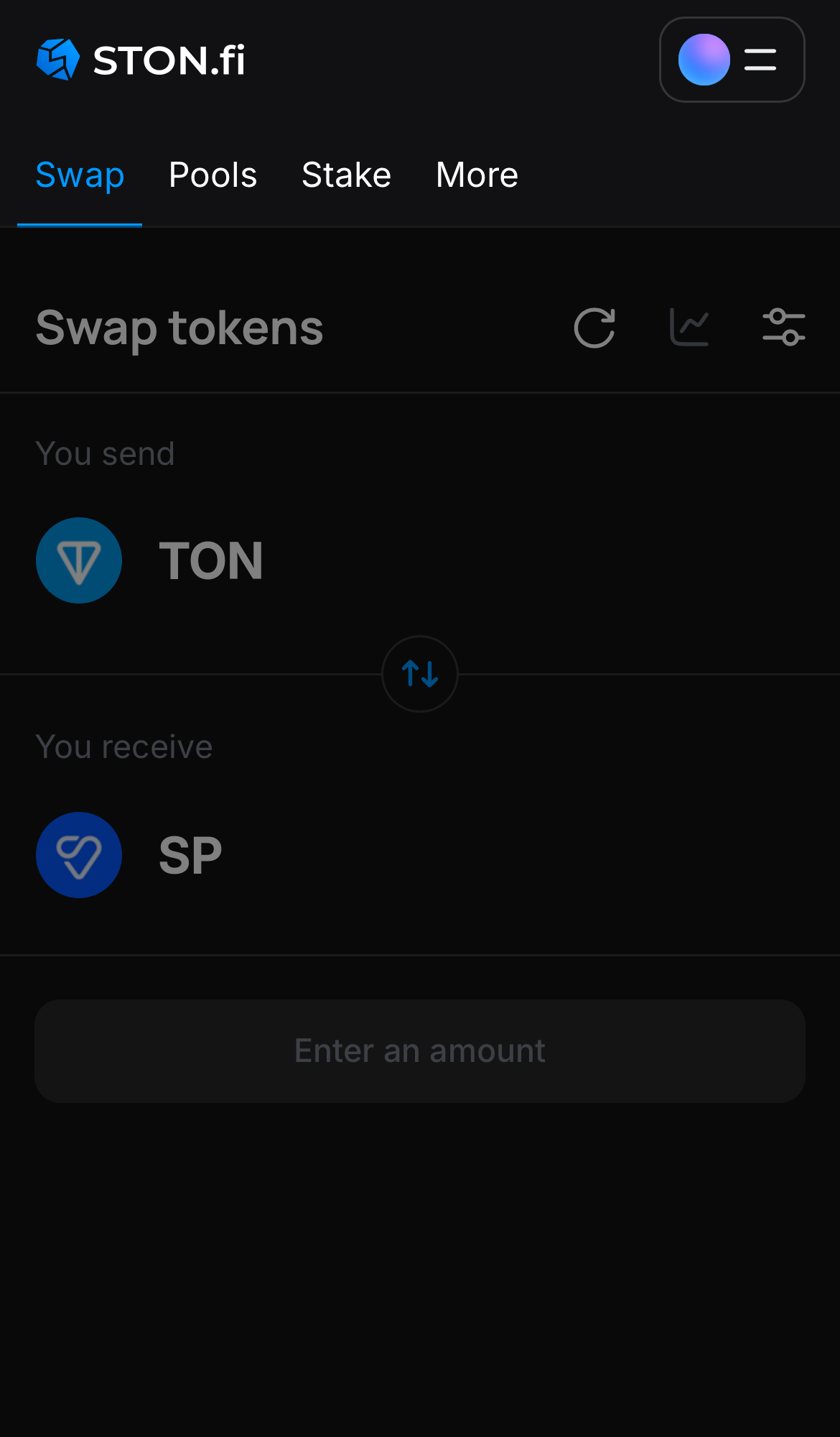 Open the STON.fi app and navigate to the ‘Swap‘ tab.