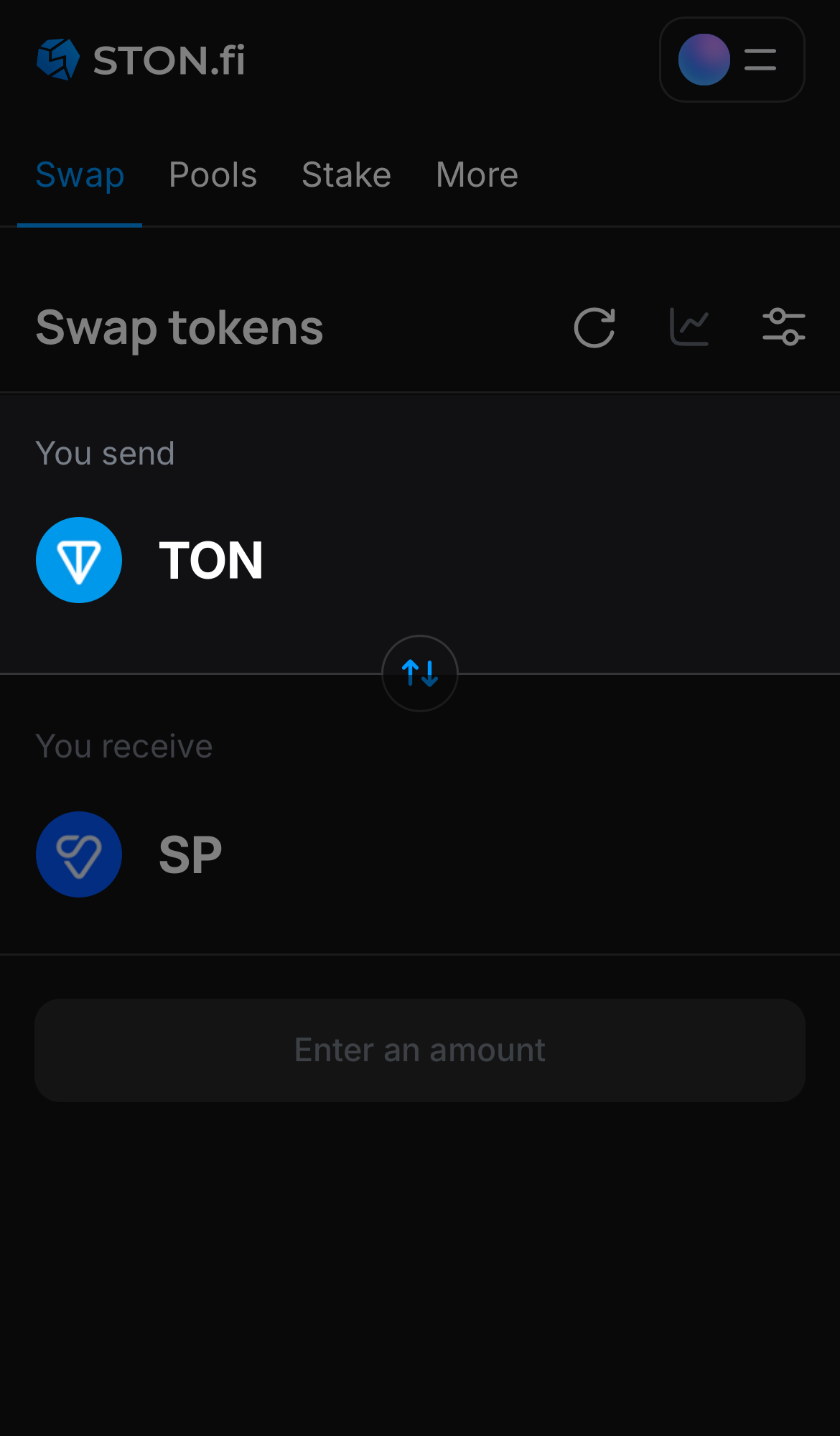 Choose a token in the ‘You send’ box — for example, TON.