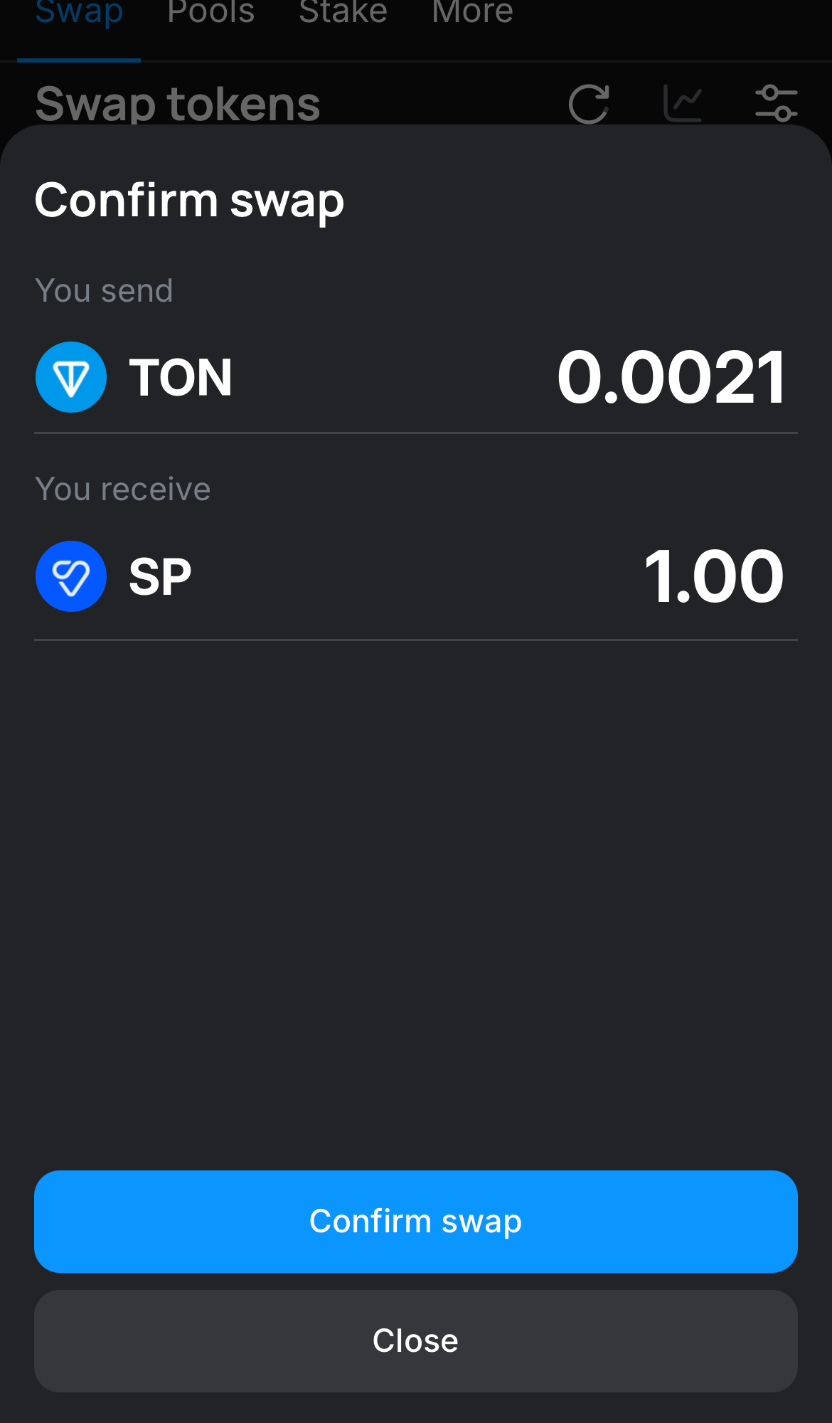 Click ‘Swap‘, double-check the details, and confirm the transaction by clicking the ‘Confirm swap‘ button.