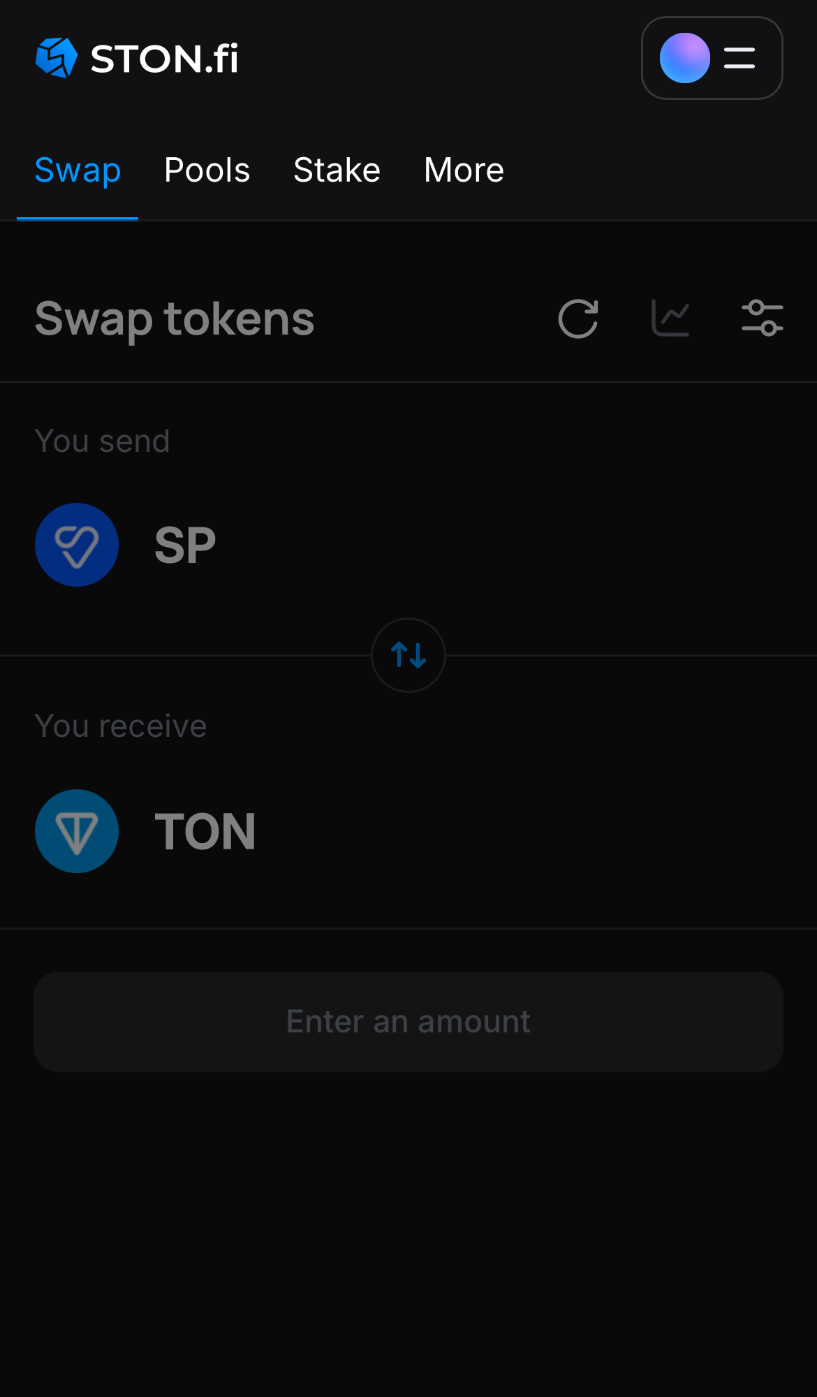 Open the STON.fi app and navigate to the ‘Swap‘ tab.