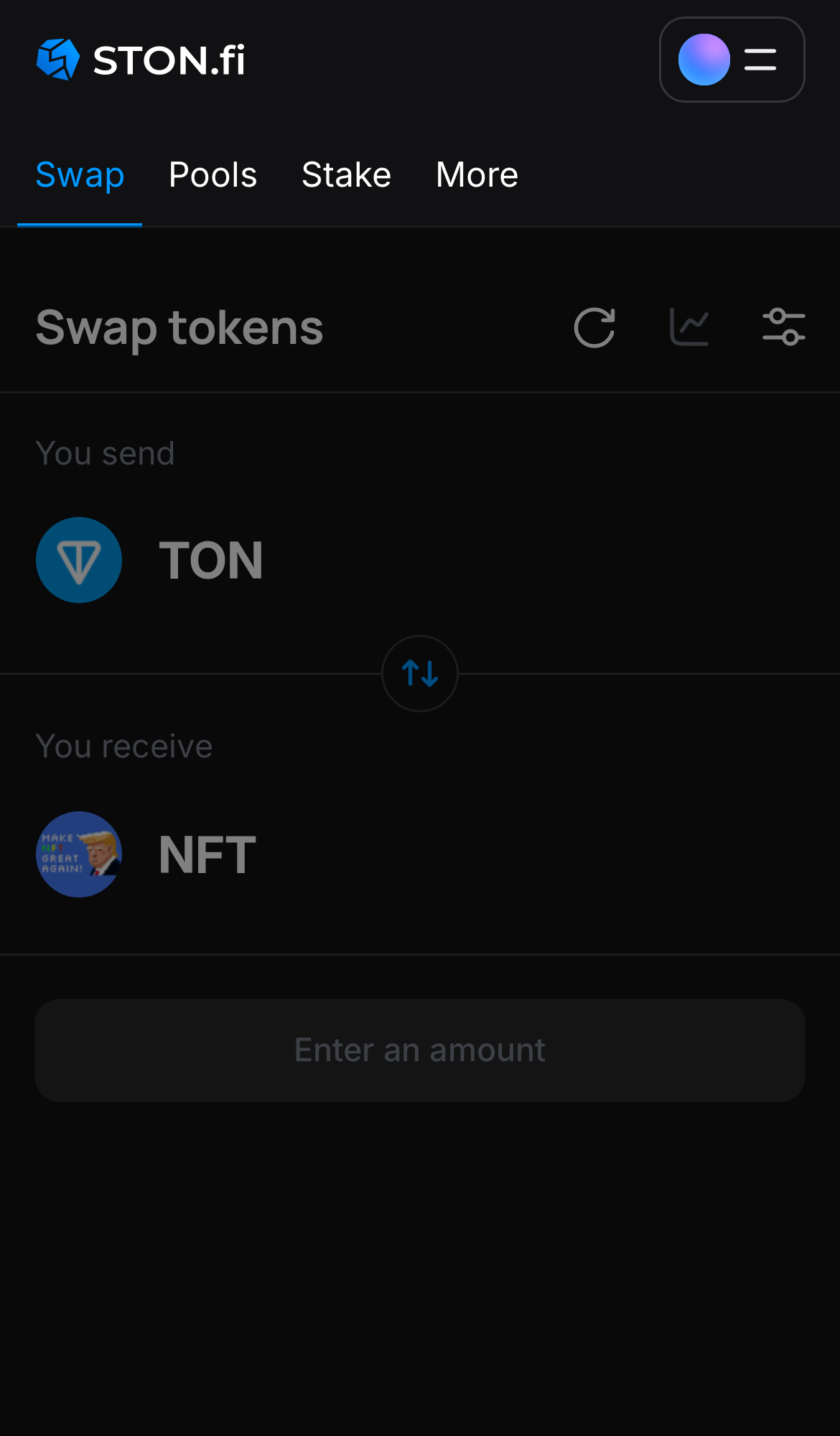 Open the STON.fi app and navigate to the ‘Swap‘ tab.