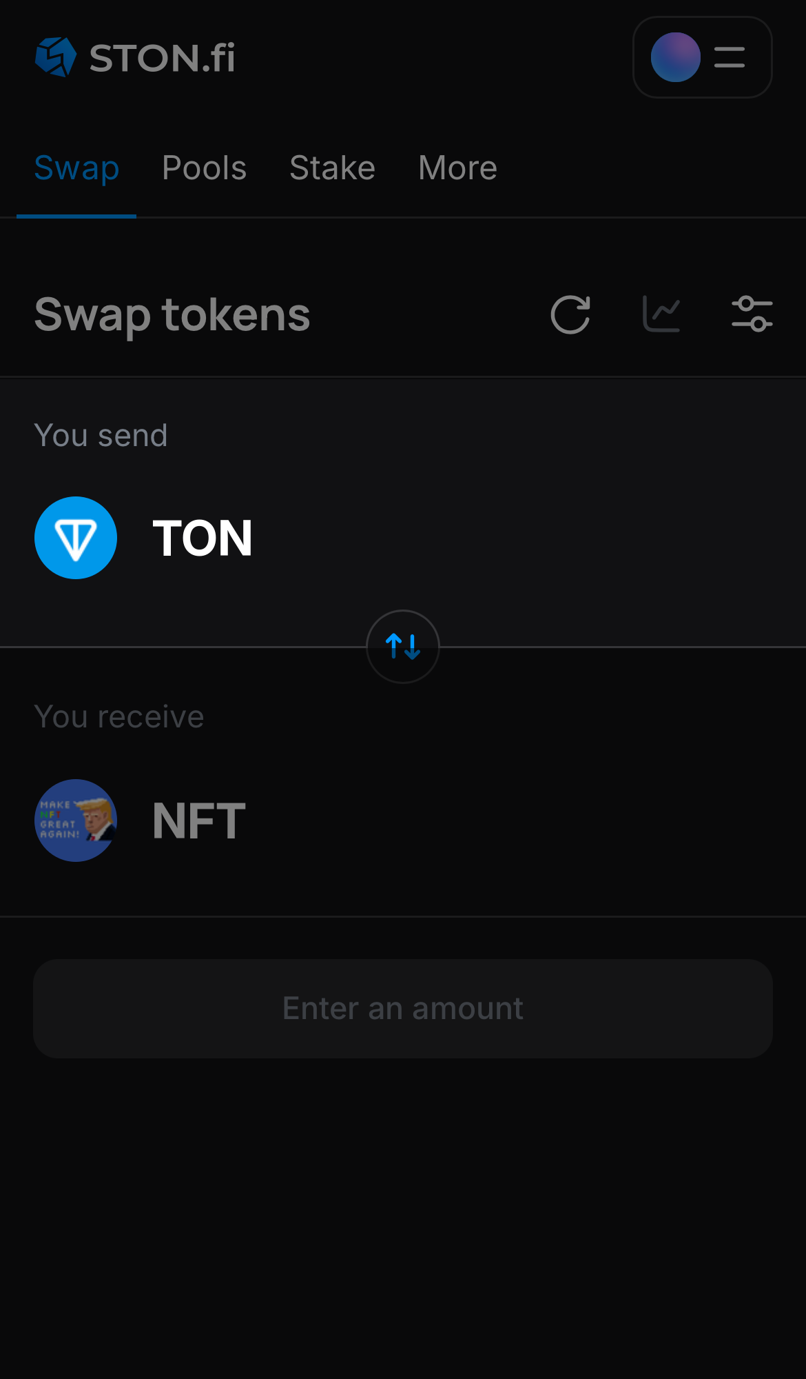 Choose a token in the ‘You send’ box — for example, TON.