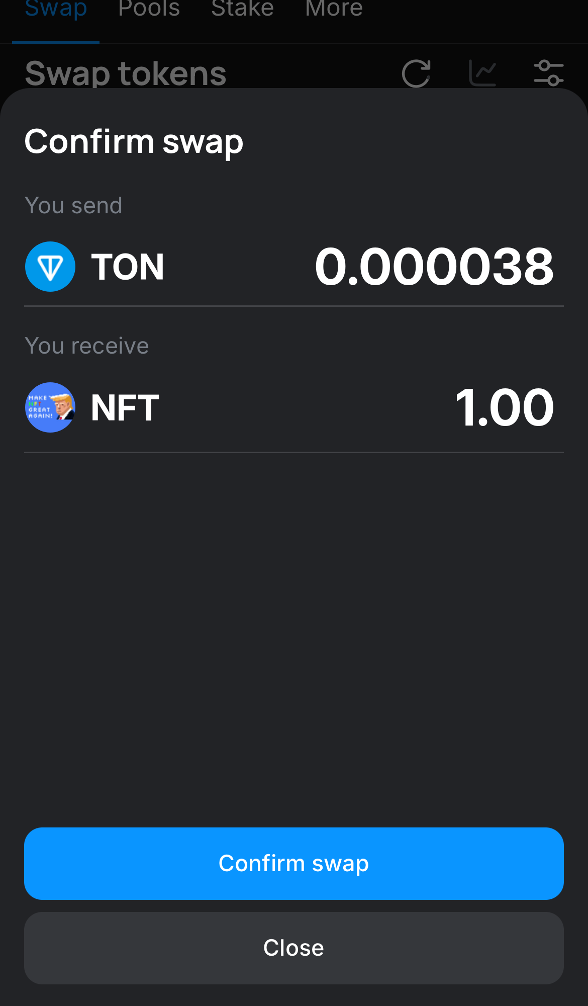Click ‘Swap‘, double-check the details, and confirm the transaction by clicking the ‘Confirm swap‘ button.