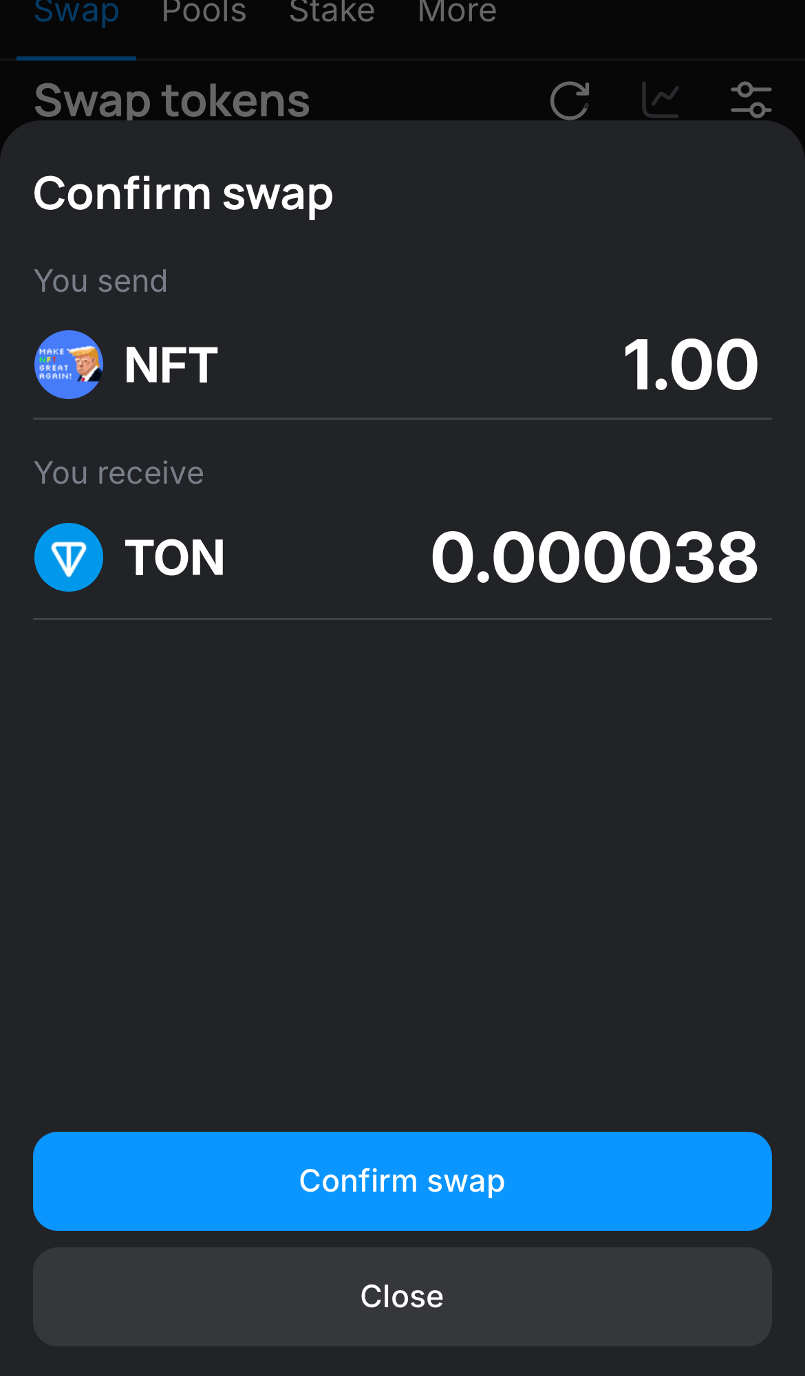 Click ‘Swap‘, double-check the details, and confirm the transaction by clicking the ‘Confirm swap‘ button.