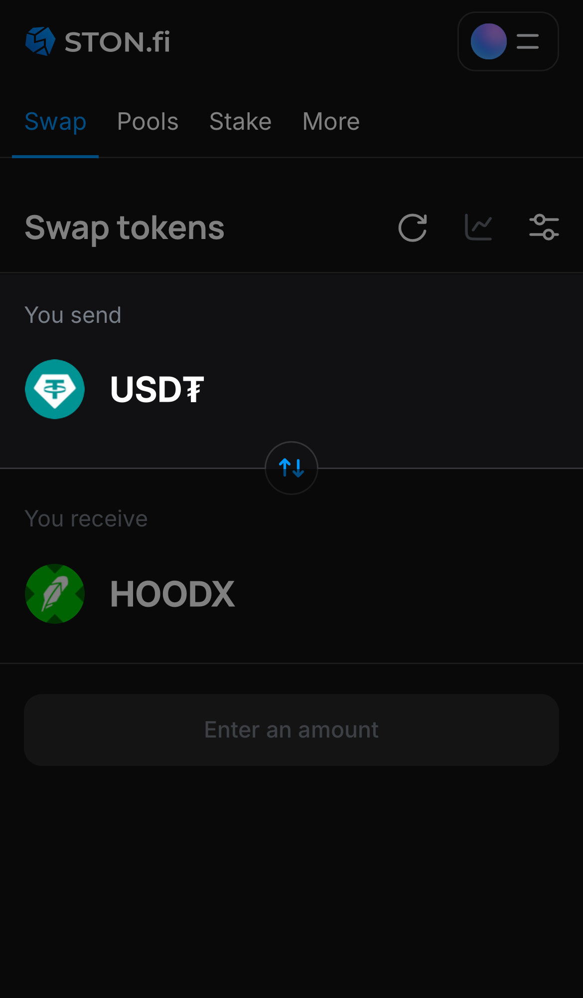 Выберите токен в поле «You send» — например, USD₮.