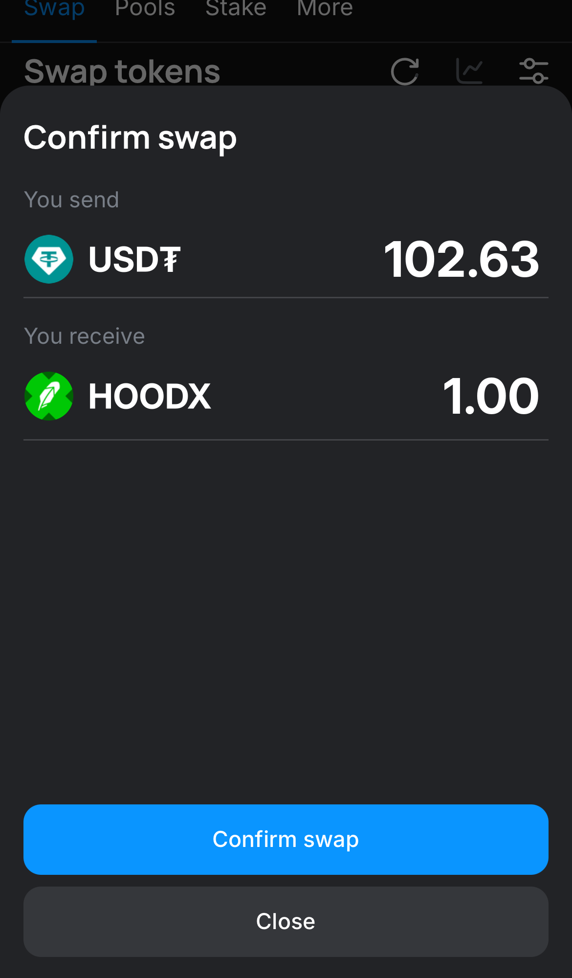 Нажмите на «Swap», дважды проверьте всю информацию и нажмите на кнопку «Confirm swap», чтобы подтвердить транзакцию.