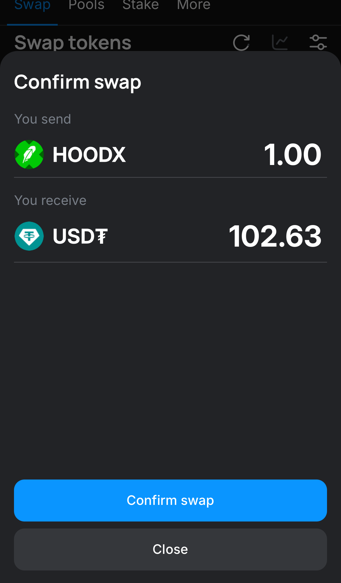 Нажмите на «Swap», дважды проверьте всю информацию и нажмите на кнопку «Confirm swap», чтобы подтвердить транзакцию.