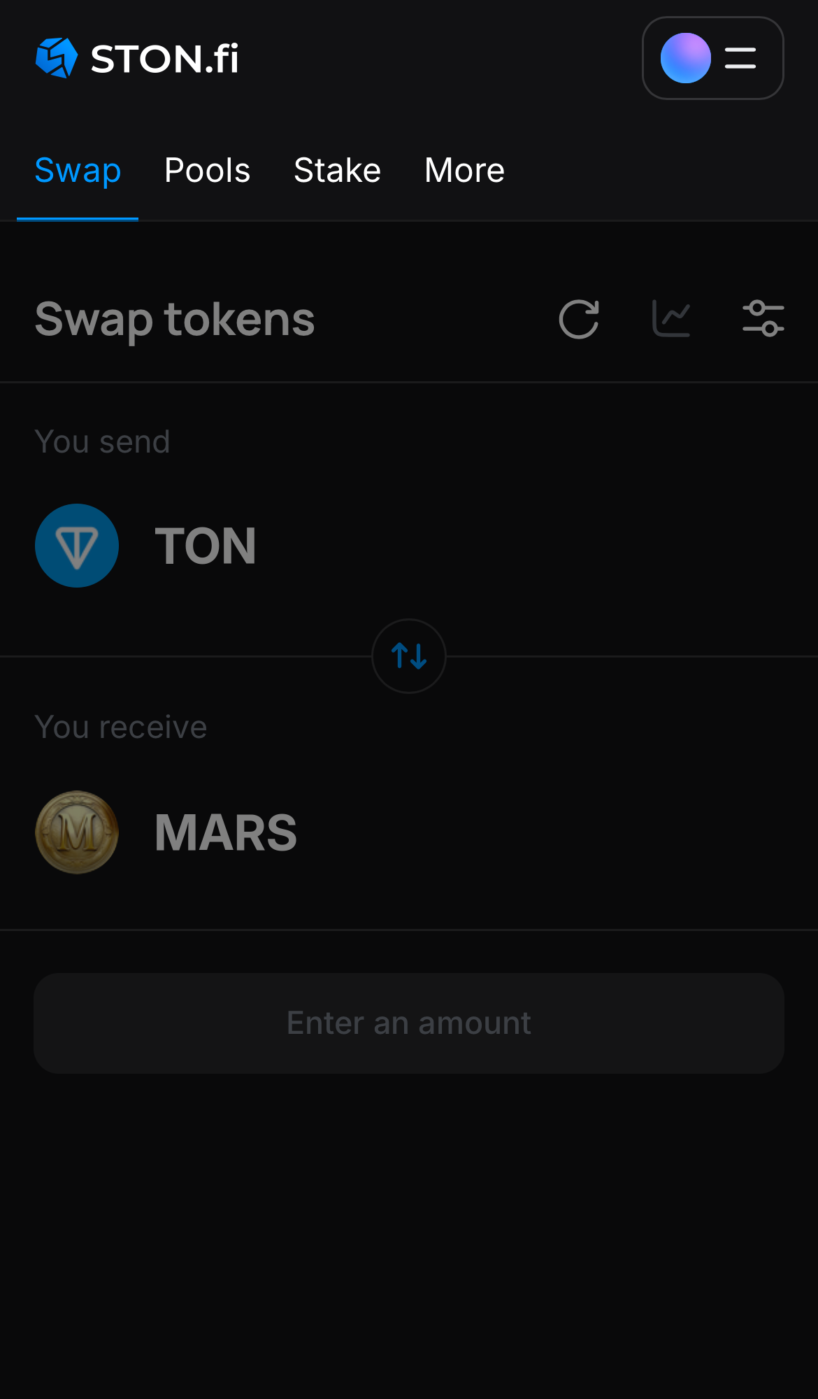افتح تطبيق STON.fi واذهب إلى تبويب "Swap".