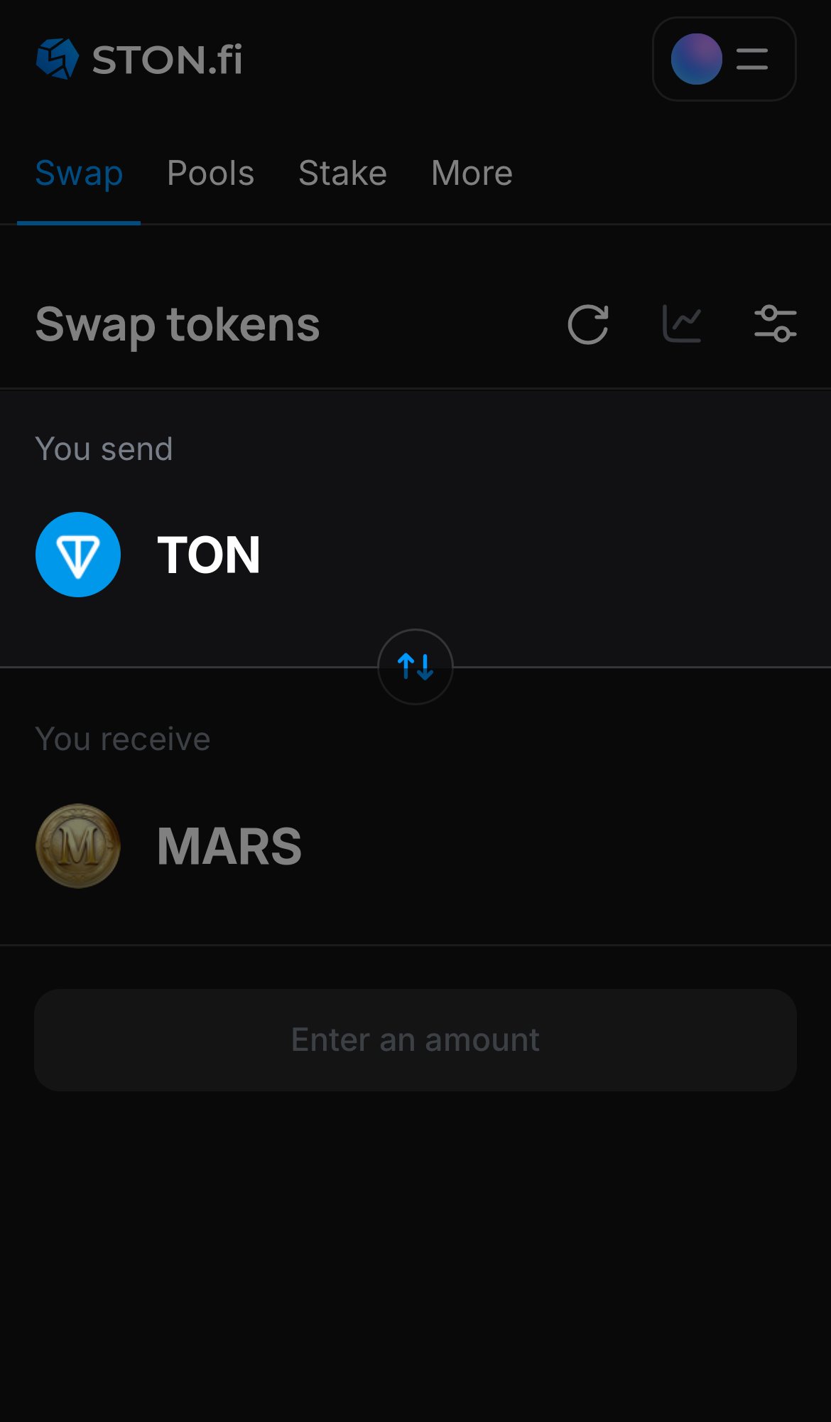 اختر رمزًا في مربع "You send" — على سبيل المثال، TON.