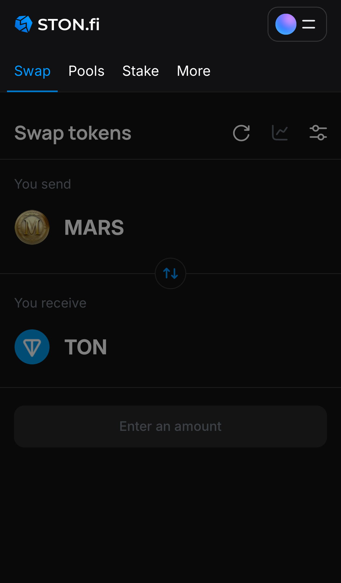 افتح تطبيق STON.fi واذهب إلى تبويب "Swap".