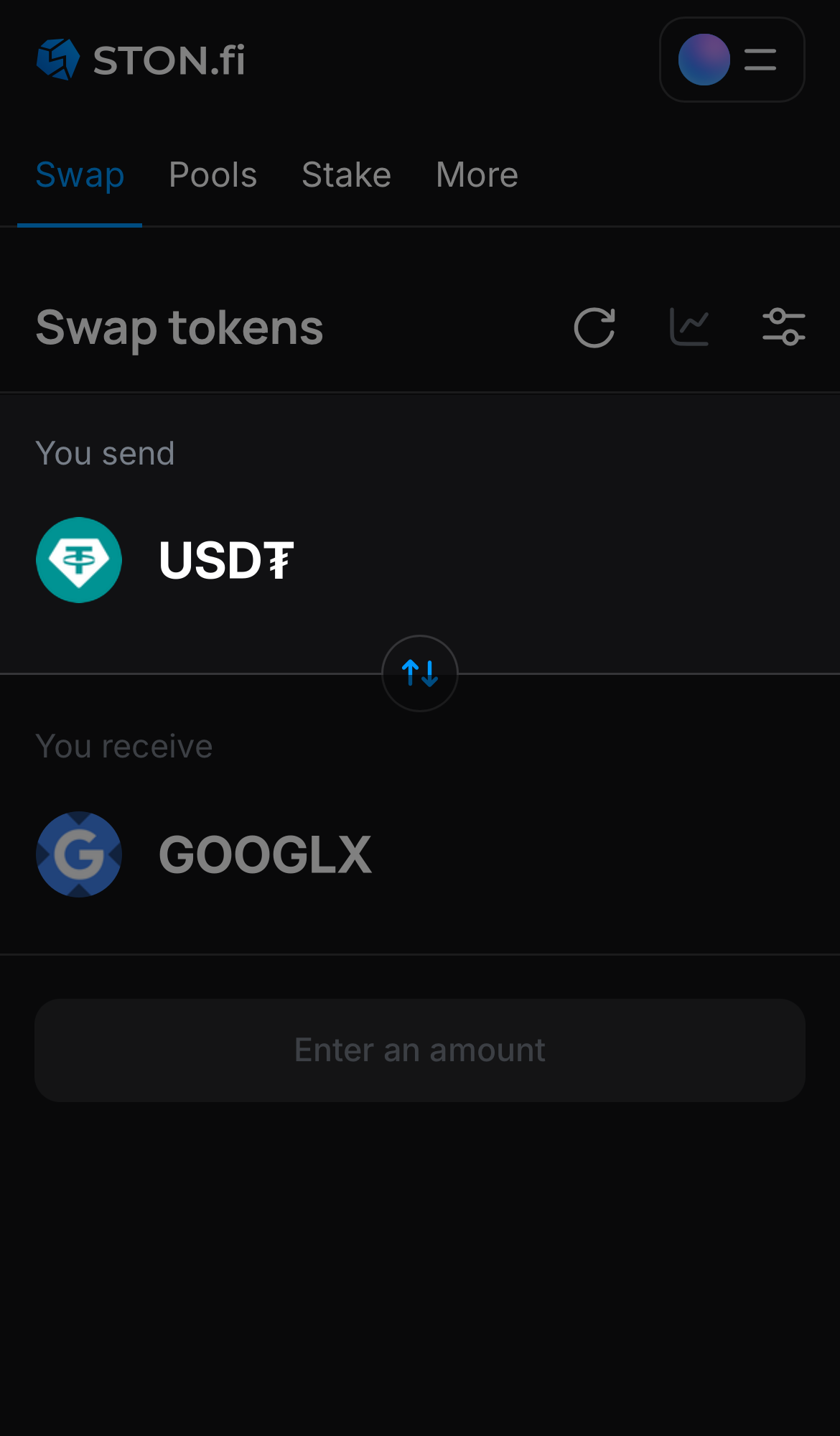 Выберите токен в поле «You send» — например, USD₮.