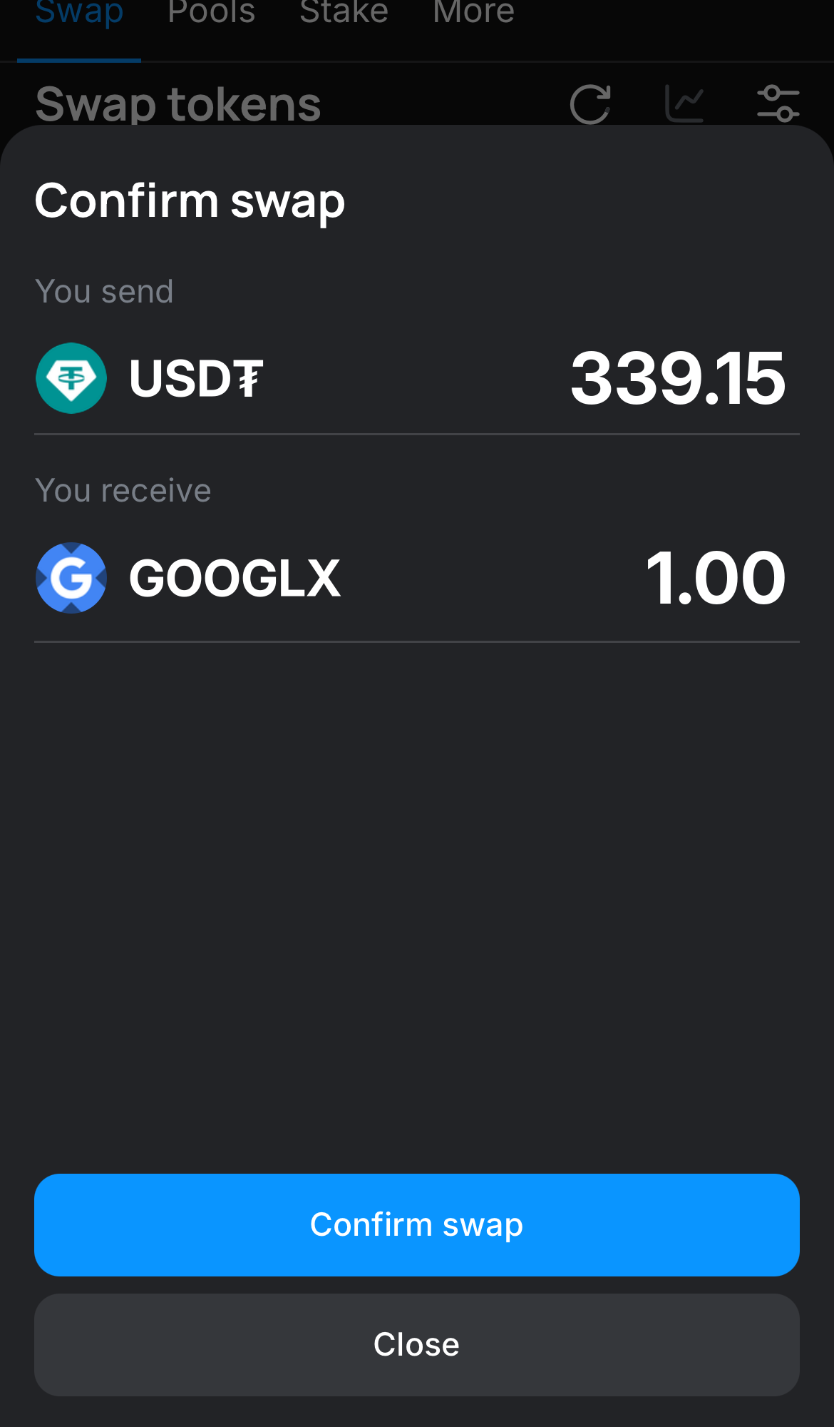 Нажмите на «Swap», дважды проверьте всю информацию и нажмите на кнопку «Confirm swap», чтобы подтвердить транзакцию.
