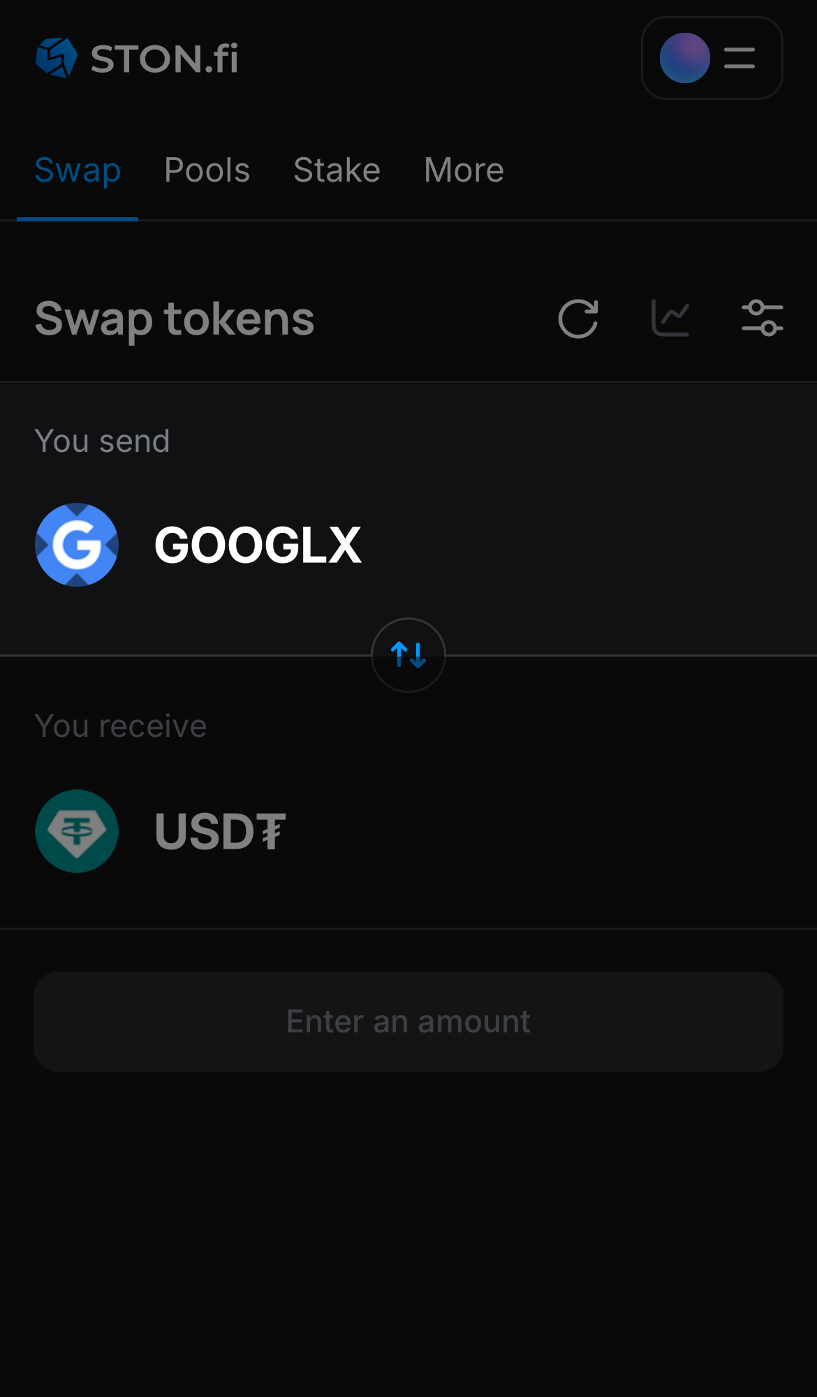 Выберете токен GOOGLx в поле «You send».
