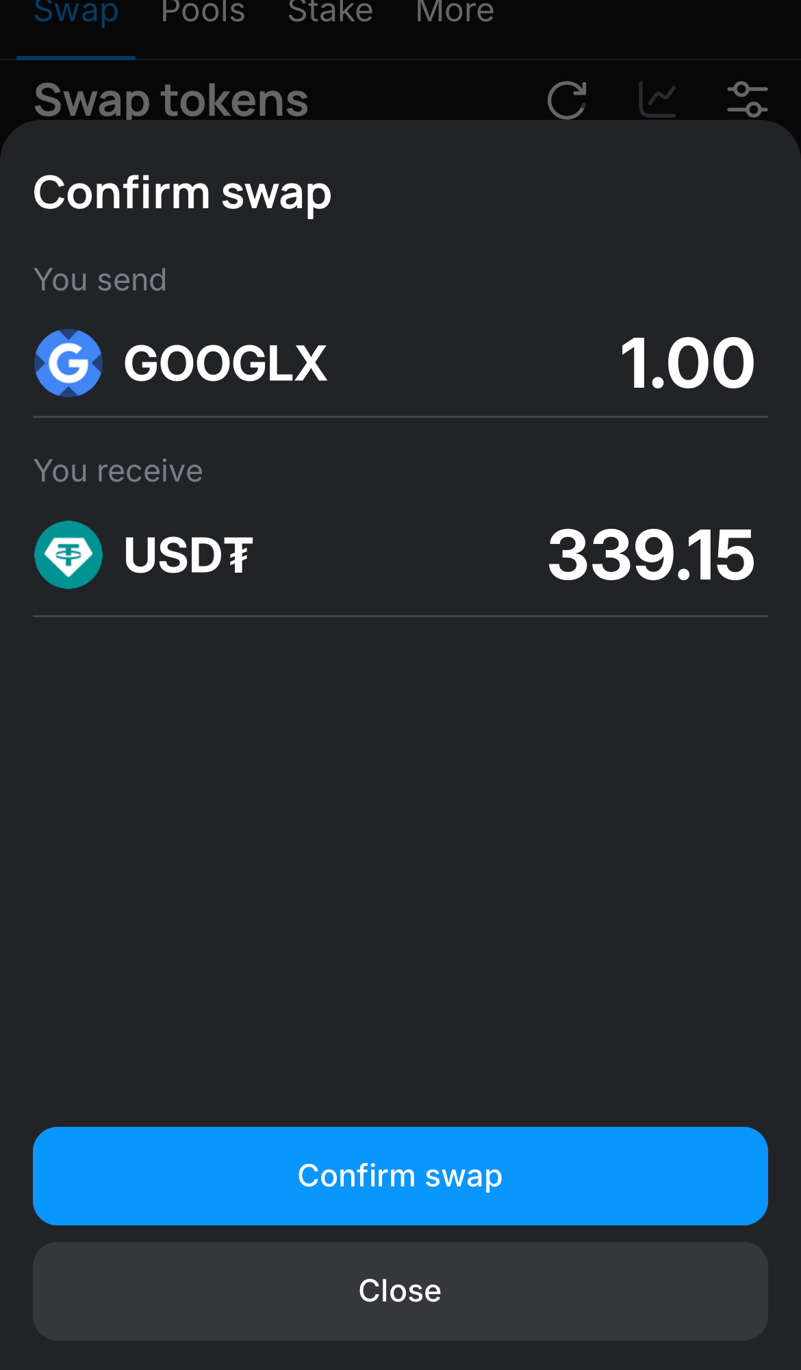 Нажмите на «Swap», дважды проверьте всю информацию и нажмите на кнопку «Confirm swap», чтобы подтвердить транзакцию.