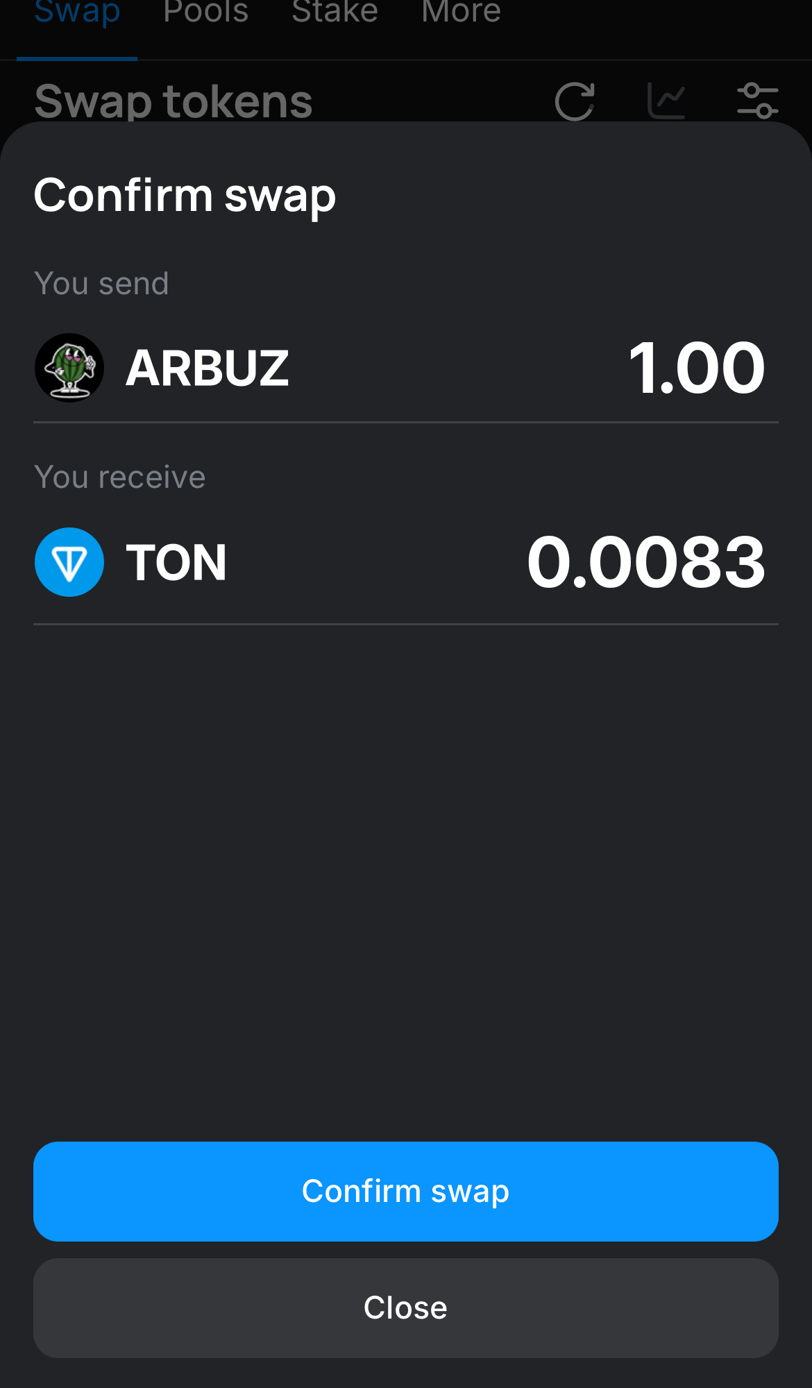 Click ‘Swap‘, double-check the details, and confirm the transaction by clicking the ‘Confirm swap‘ button.