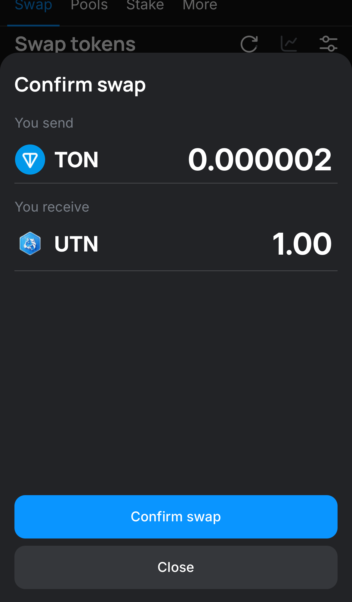 Click ‘Swap‘, double-check the details, and confirm the transaction by clicking the ‘Confirm swap‘ button.