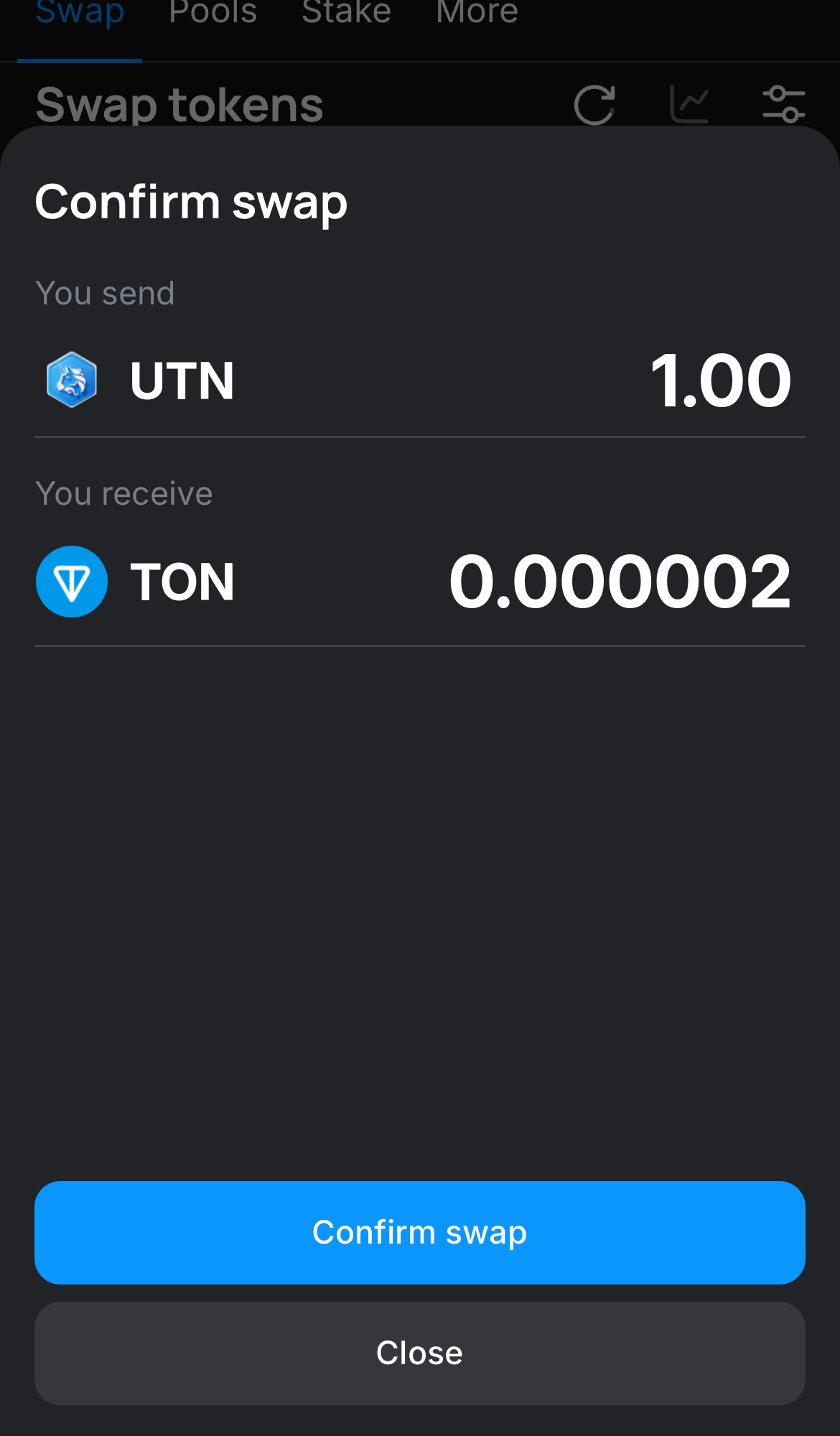 Click ‘Swap‘, double-check the details, and confirm the transaction by clicking the ‘Confirm swap‘ button.
