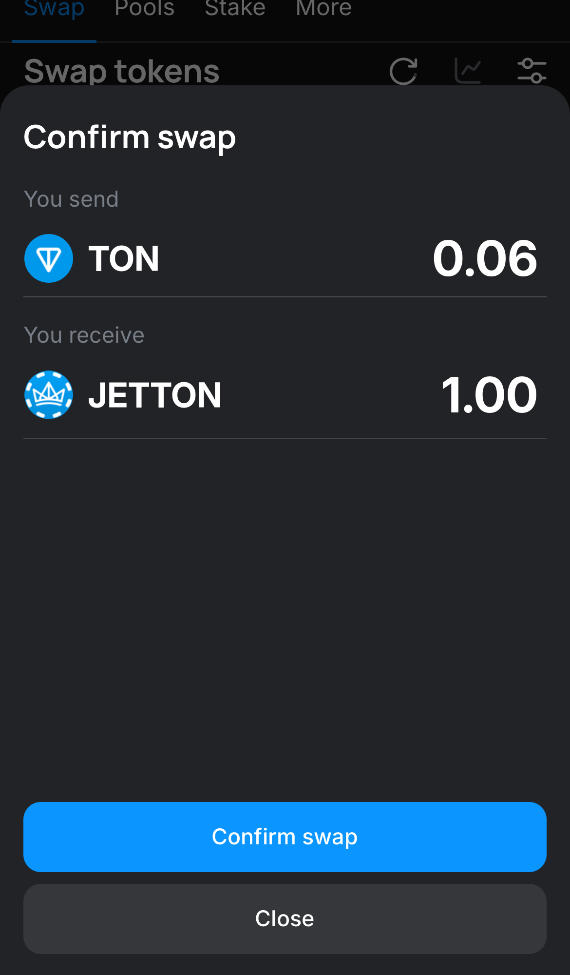Click ‘Swap‘, double-check the details, and confirm the transaction by clicking the ‘Confirm swap‘ button.