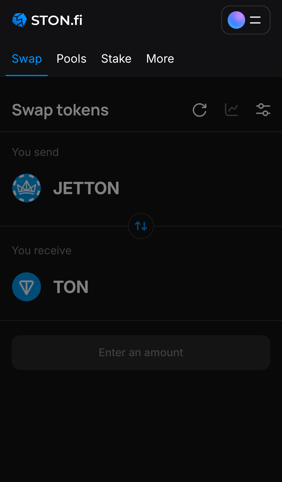 Open the STON.fi app and navigate to the ‘Swap‘ tab.
