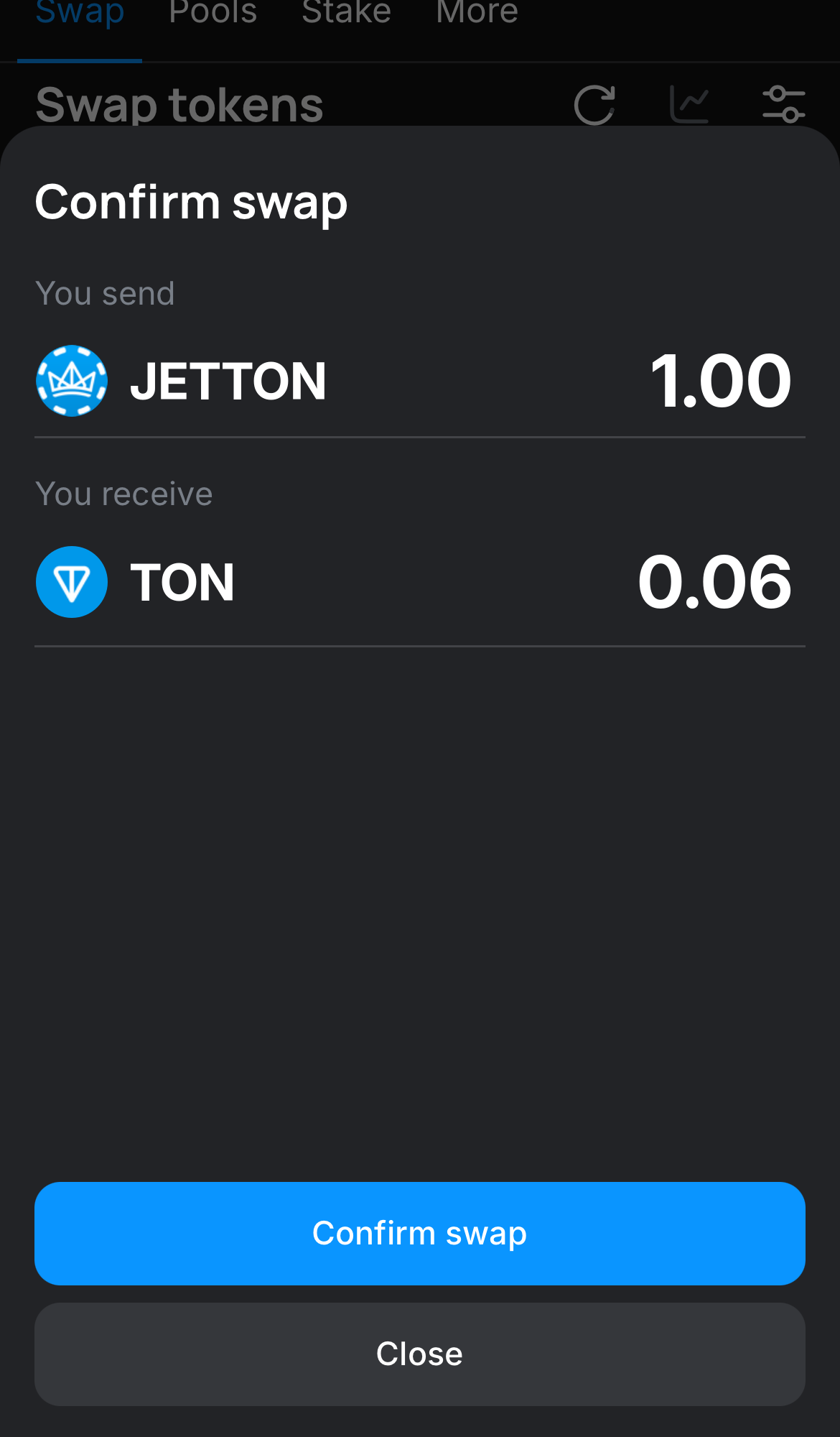 Click ‘Swap‘, double-check the details, and confirm the transaction by clicking the ‘Confirm swap‘ button.