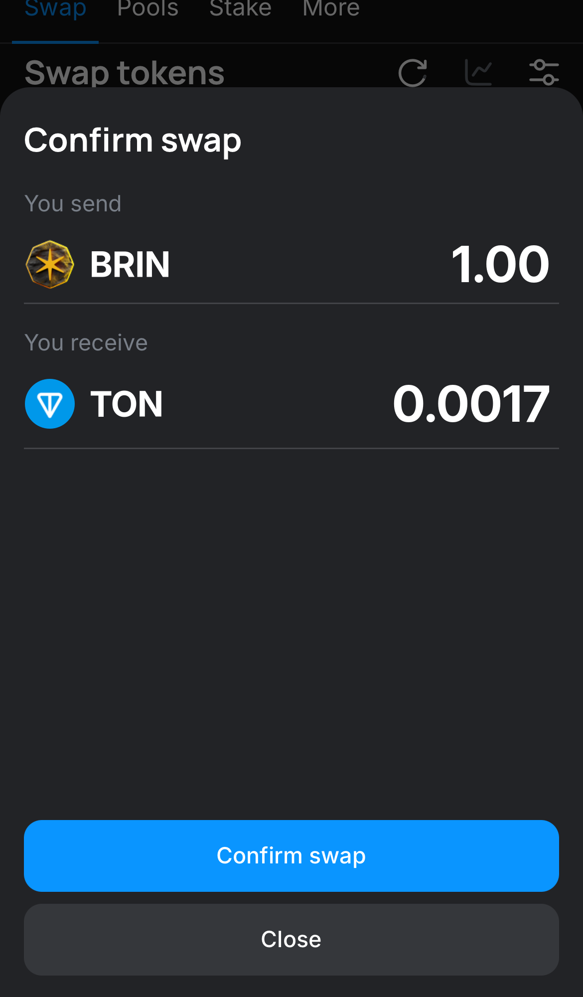 Haz clic en ‘Swap‘, revisa los detalles y confirma la transacción haciendo clic en el botón ‘Confirm swap‘.