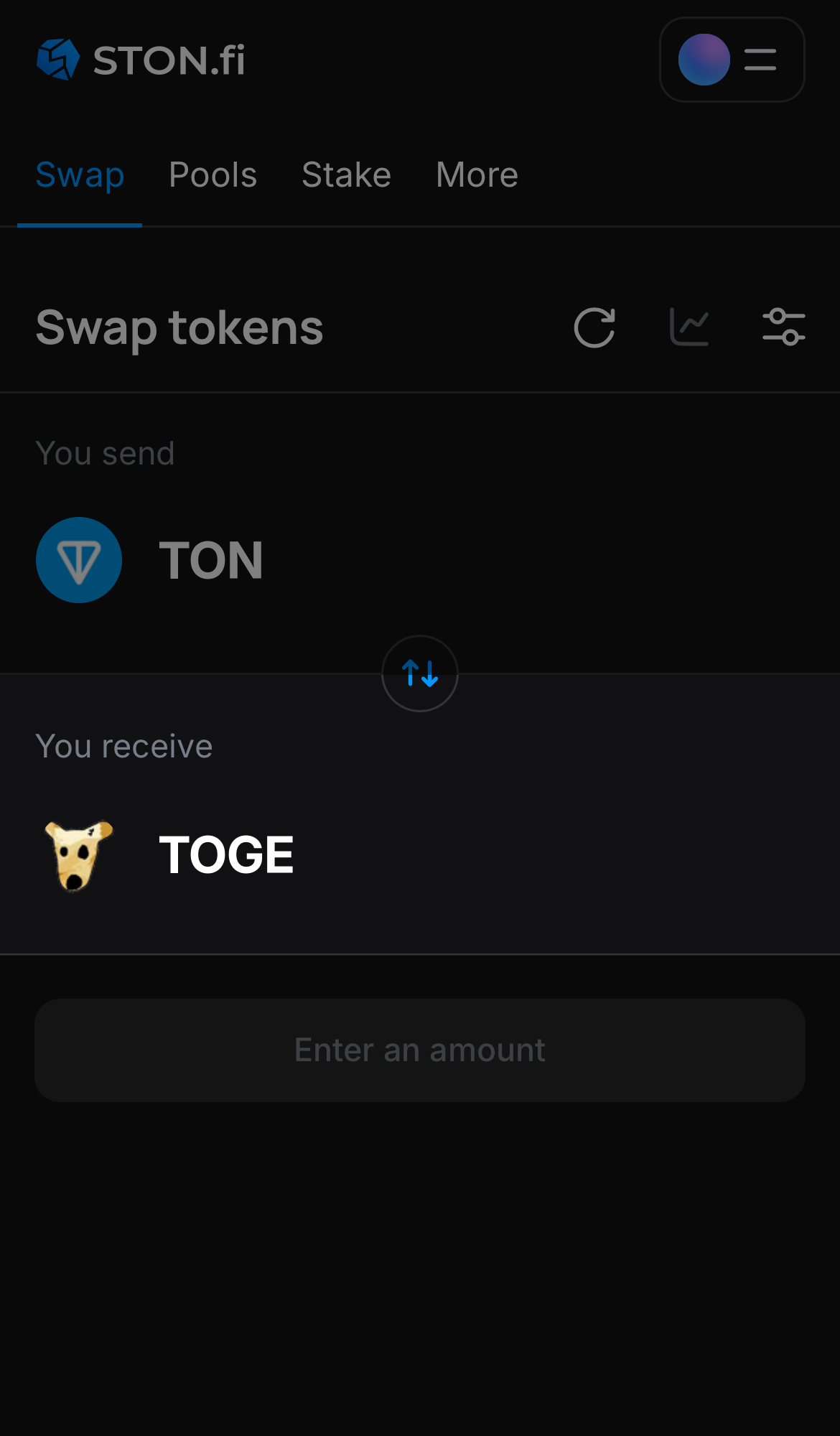 Choose TOGE in the ‘You receive‘ box.