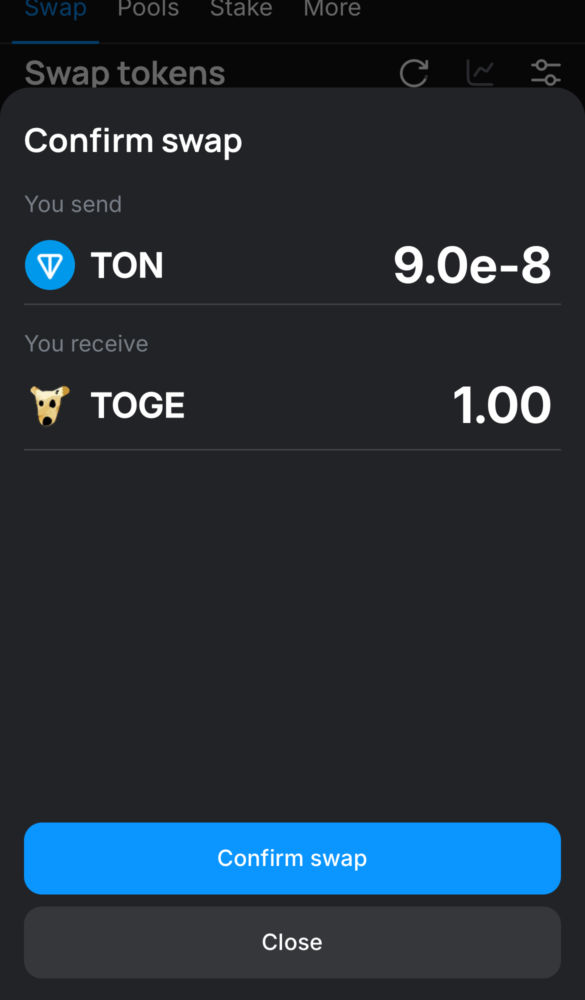 Click ‘Swap‘, double-check the details, and confirm the transaction by clicking the ‘Confirm swap‘ button.