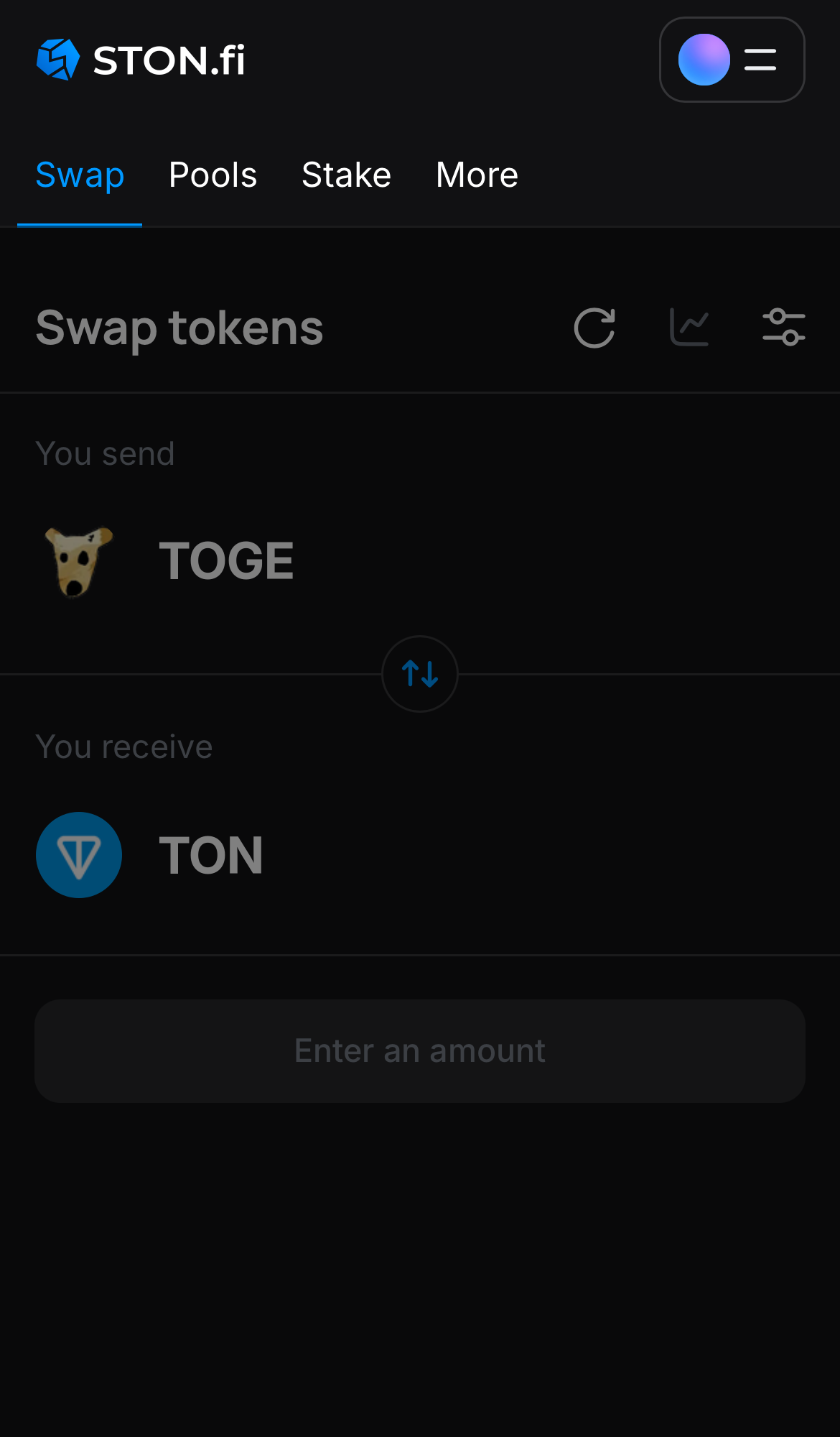 Open the STON.fi app and navigate to the ‘Swap‘ tab.