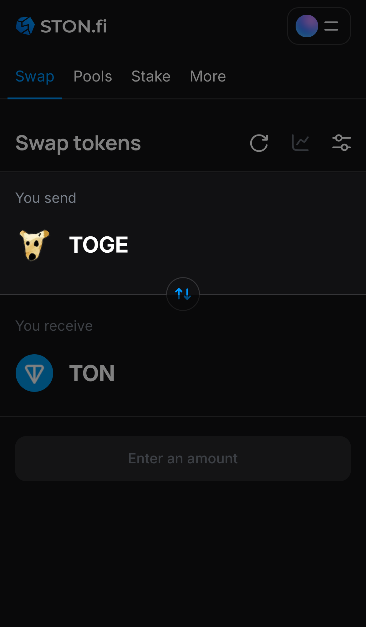 Choose TOGE in the ‘You send‘ box.
