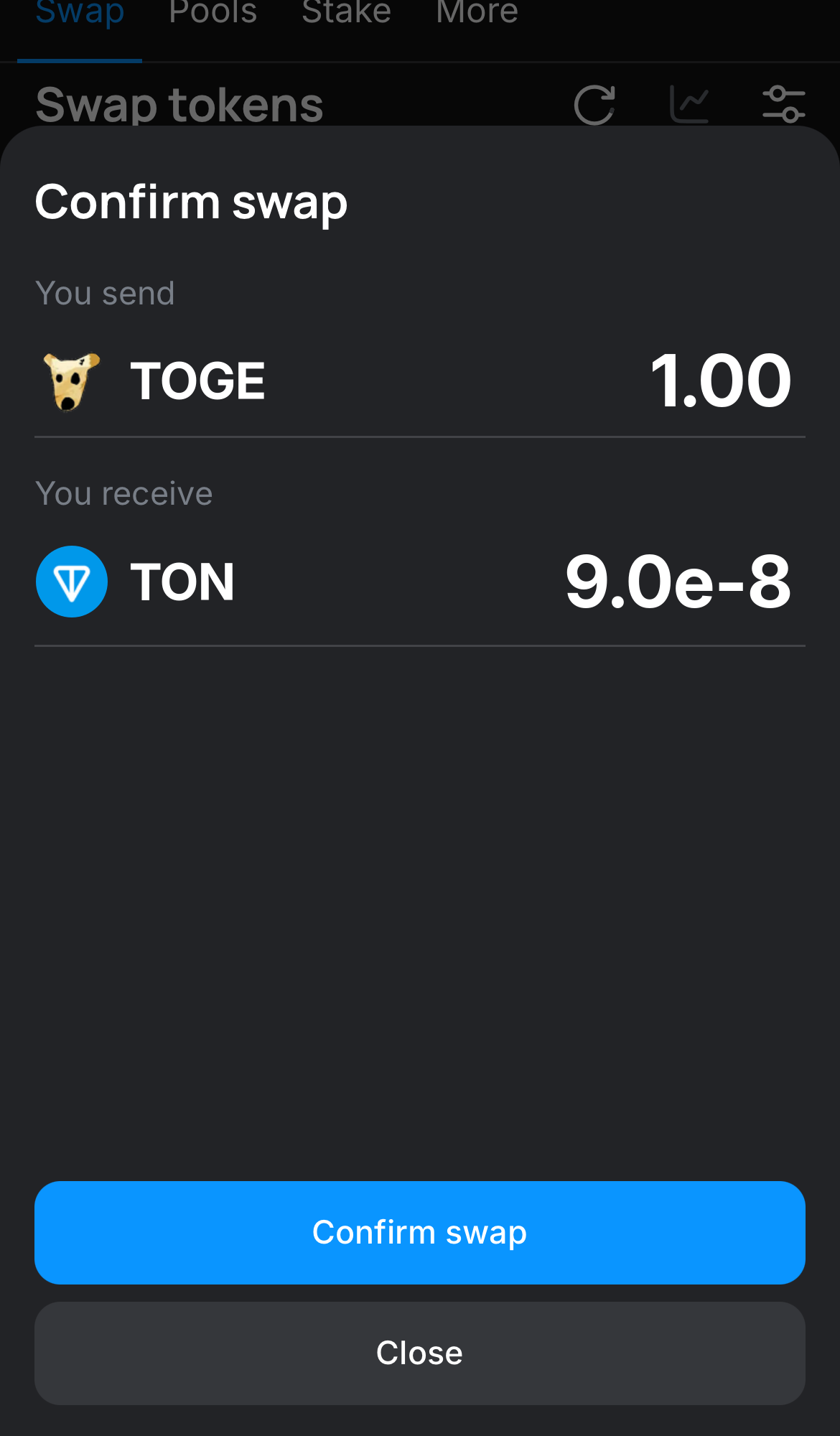 Click ‘Swap‘, double-check the details, and confirm the transaction by clicking the ‘Confirm swap‘ button.