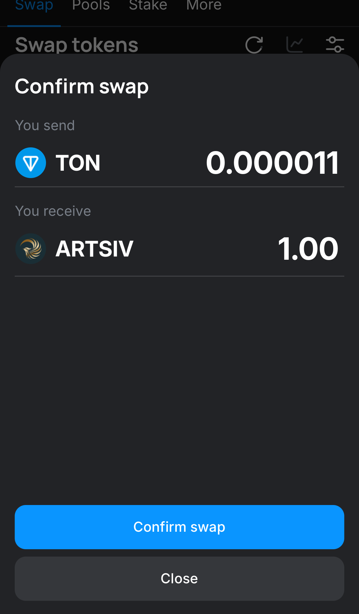 Click ‘Swap‘, double-check the details, and confirm the transaction by clicking the ‘Confirm swap‘ button.