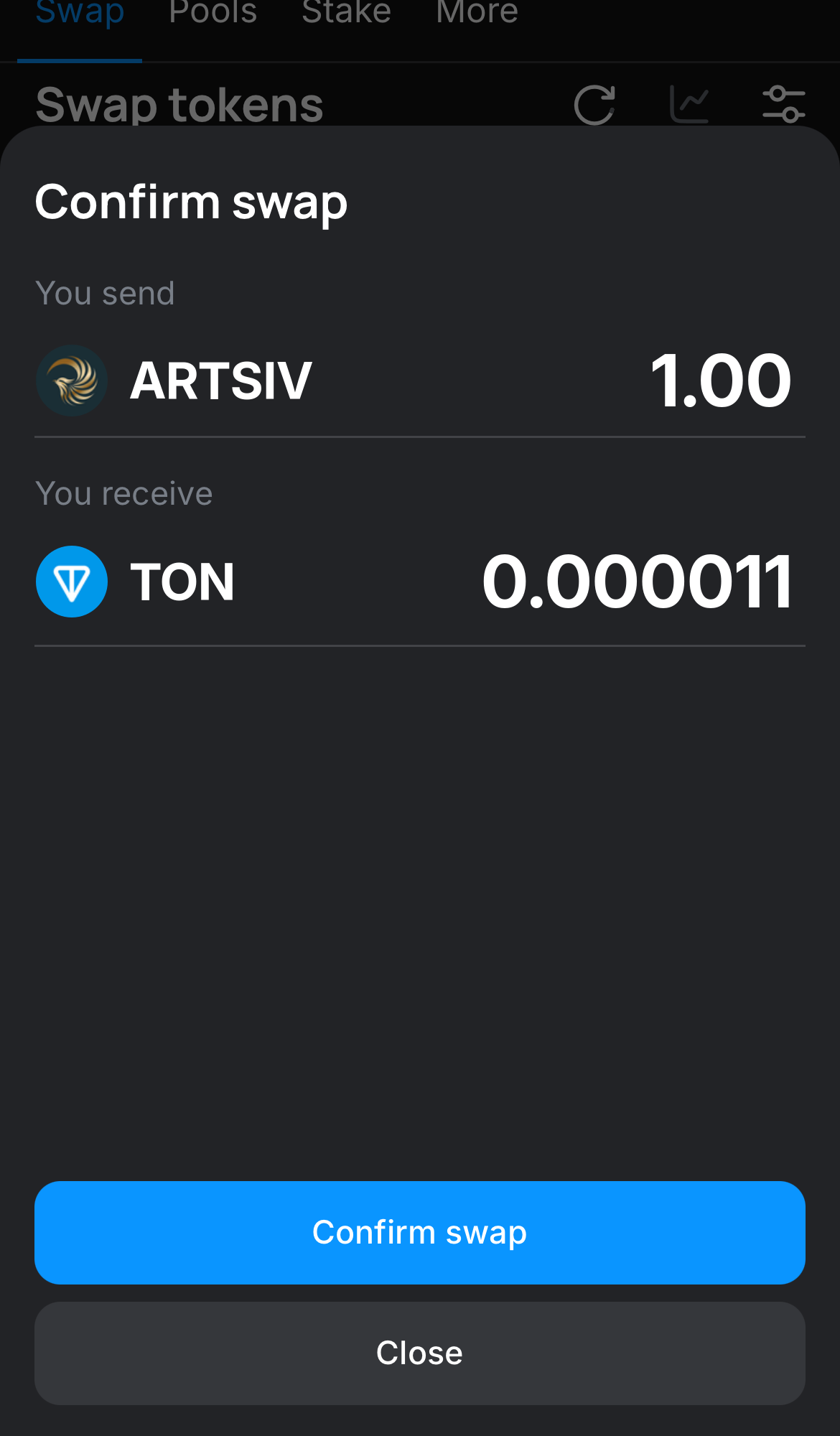Click ‘Swap‘, double-check the details, and confirm the transaction by clicking the ‘Confirm swap‘ button.