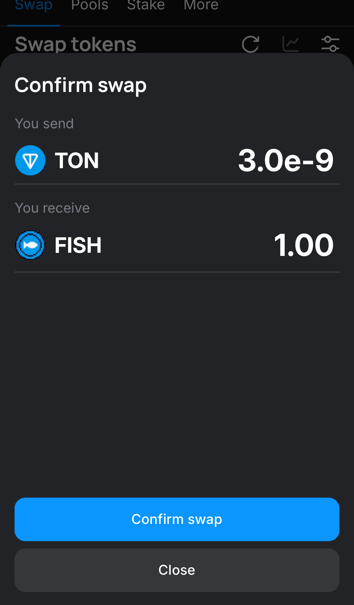 Click ‘Swap‘, double-check the details, and confirm the transaction by clicking the ‘Confirm swap‘ button.