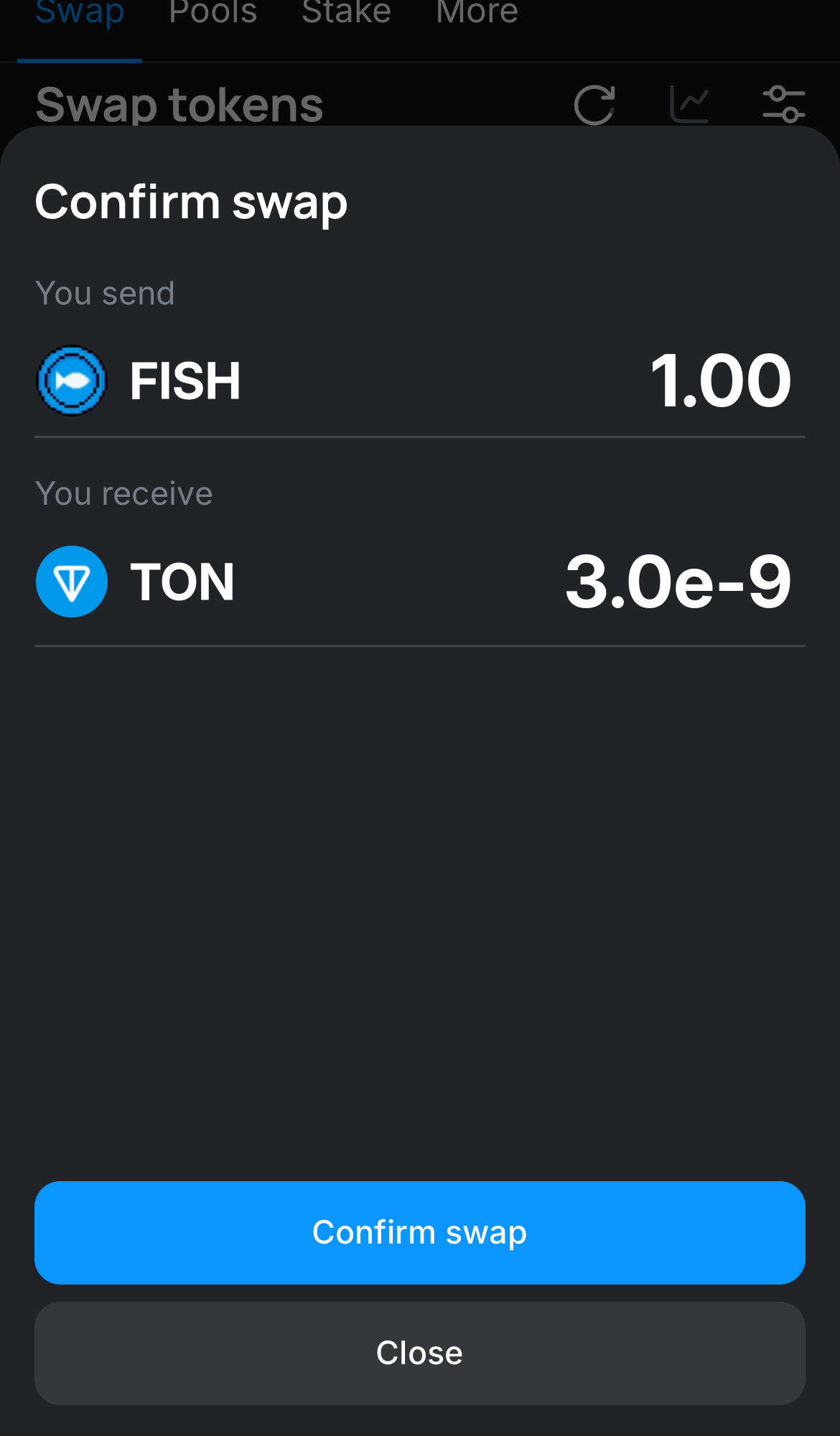 Click ‘Swap‘, double-check the details, and confirm the transaction by clicking the ‘Confirm swap‘ button.