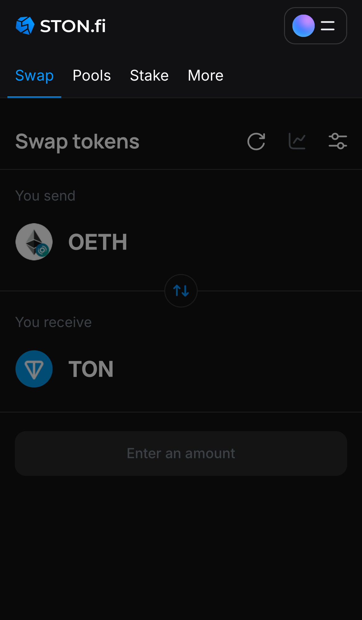 Open the STON.fi app and navigate to the ‘Swap‘ tab.