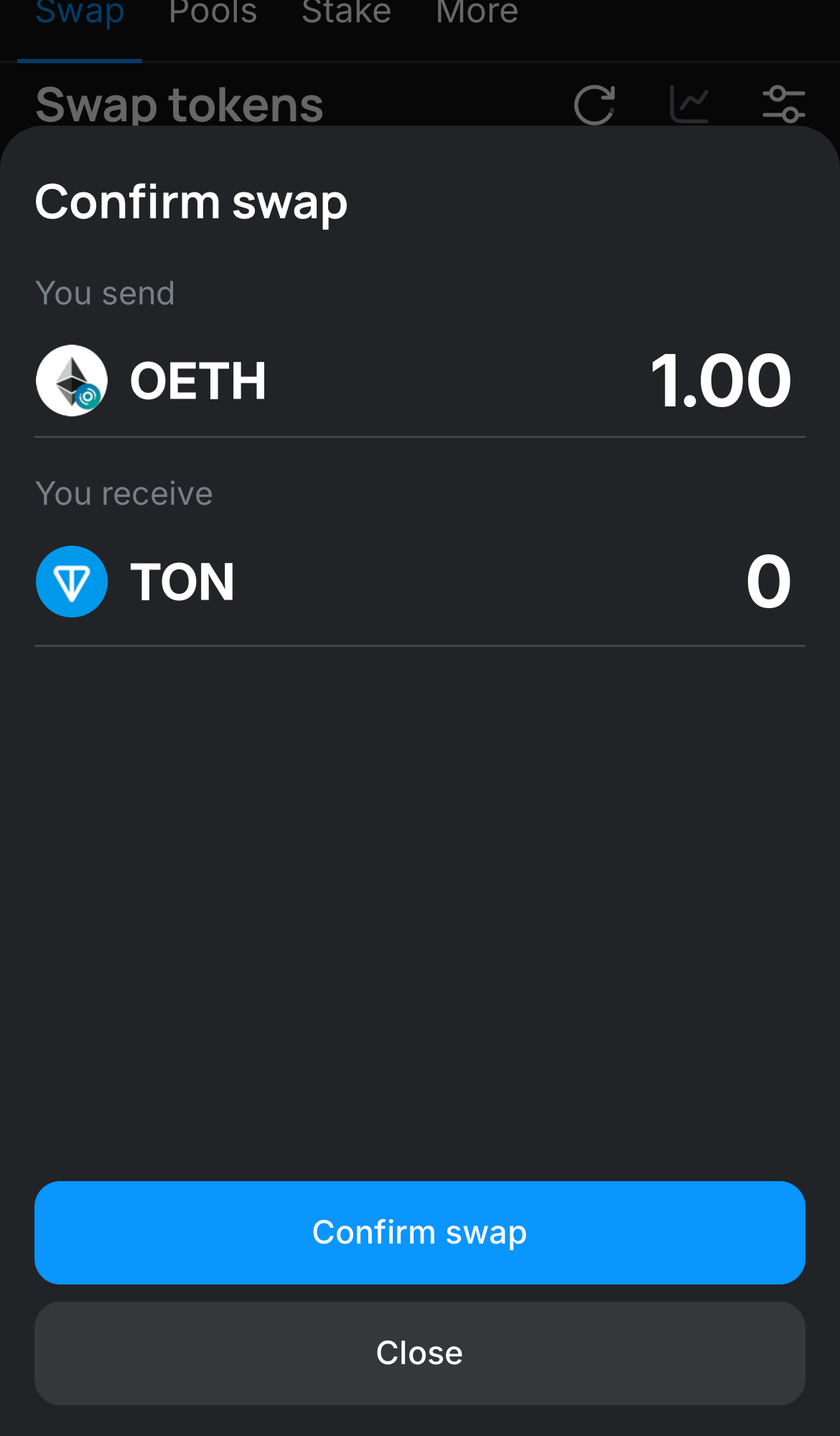 Click ‘Swap‘, double-check the details, and confirm the transaction by clicking the ‘Confirm swap‘ button.