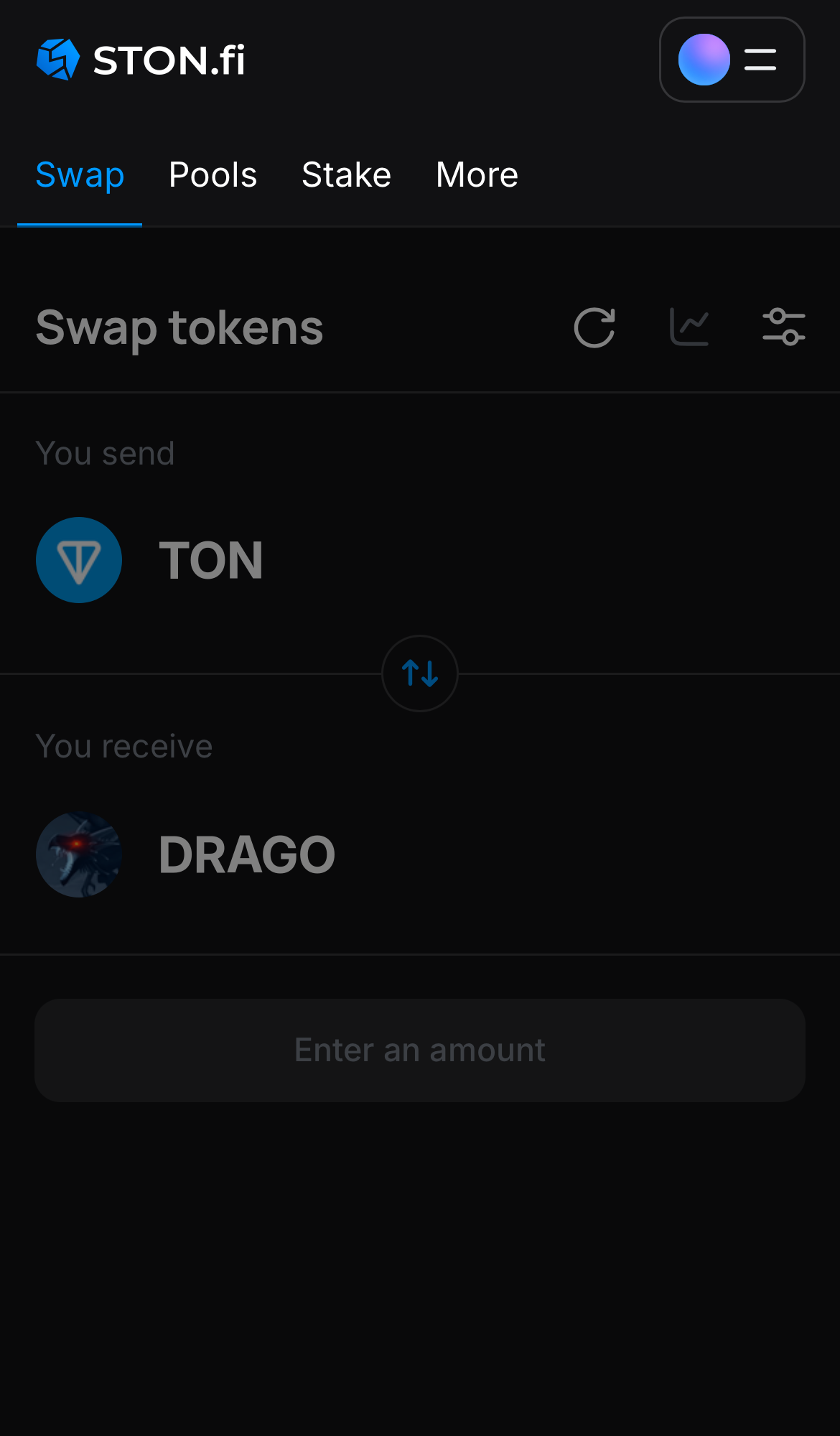 Open the STON.fi app and navigate to the ‘Swap‘ tab.