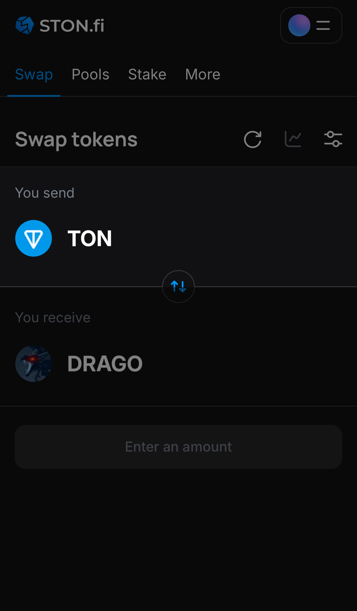 Choose a token in the ‘You send’ box — for example, TON.