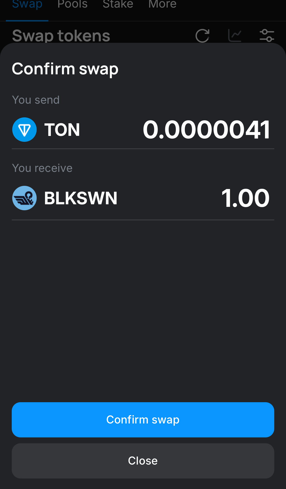 Click ‘Swap‘, double-check the details, and confirm the transaction by clicking the ‘Confirm swap‘ button.